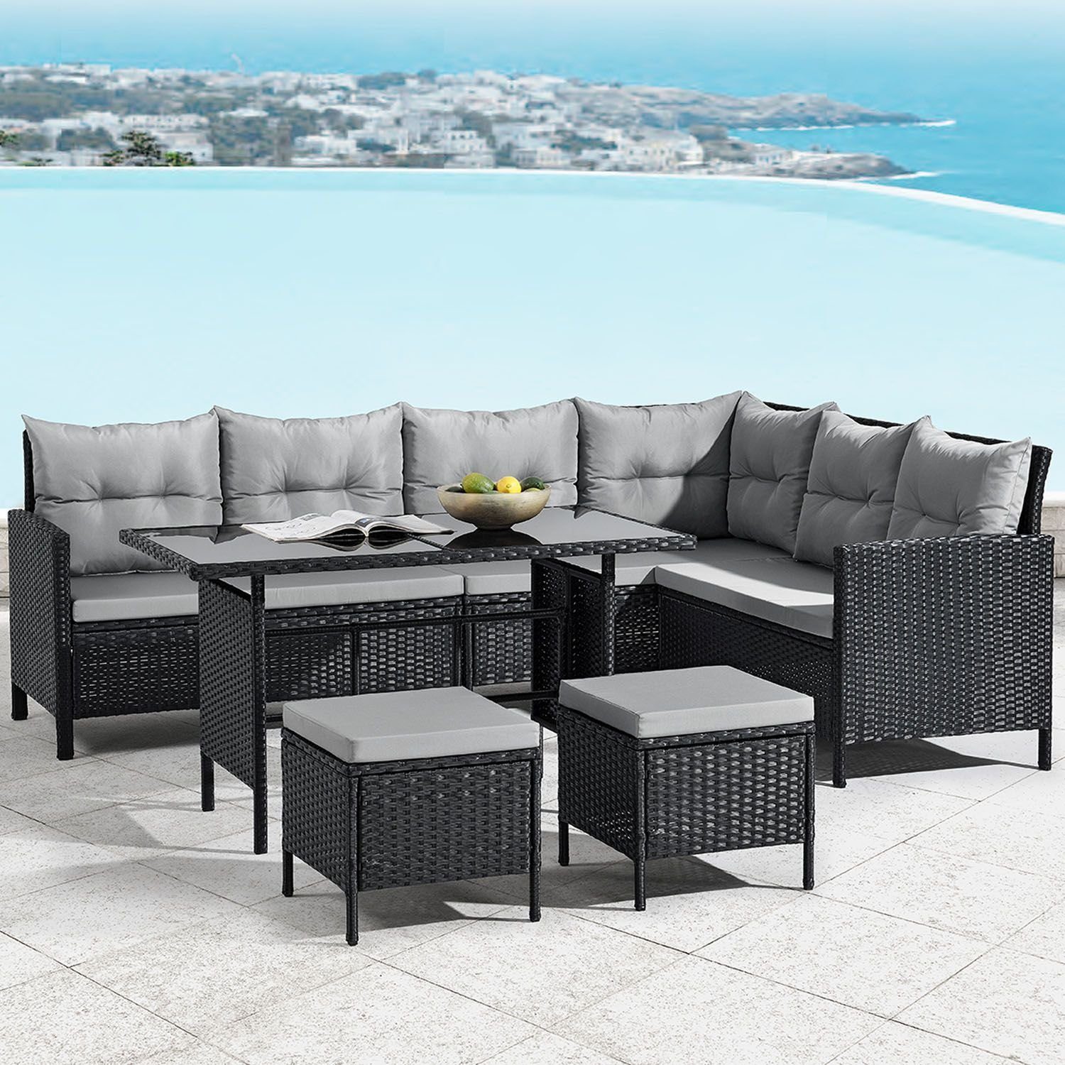 Juskys Gartenlounge-Set Manacor, (Gartenlounge), Polyrattan Gartenmöbel-Set mit Garten-Sofa, Garten-Tisch und 2 Hocker