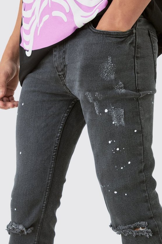 Zerrissene Skinny Stretch Jeans mit Farbspritzern