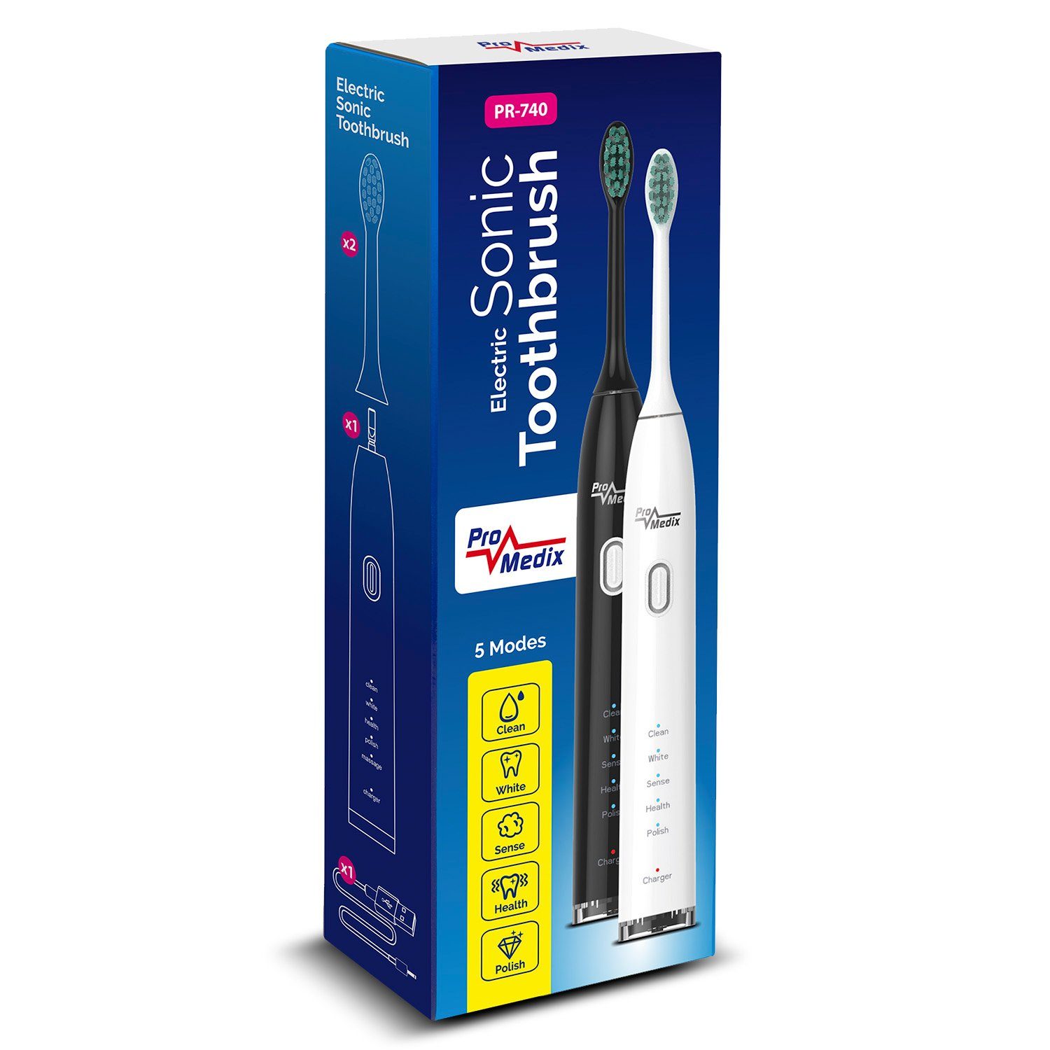 Promedix Schallzahnbürste PR-740, Aufsteckbürsten: 2 St., 5 Putzprogramme bis zu 31.000 Vibrationen pro Minute; IPX7; USB