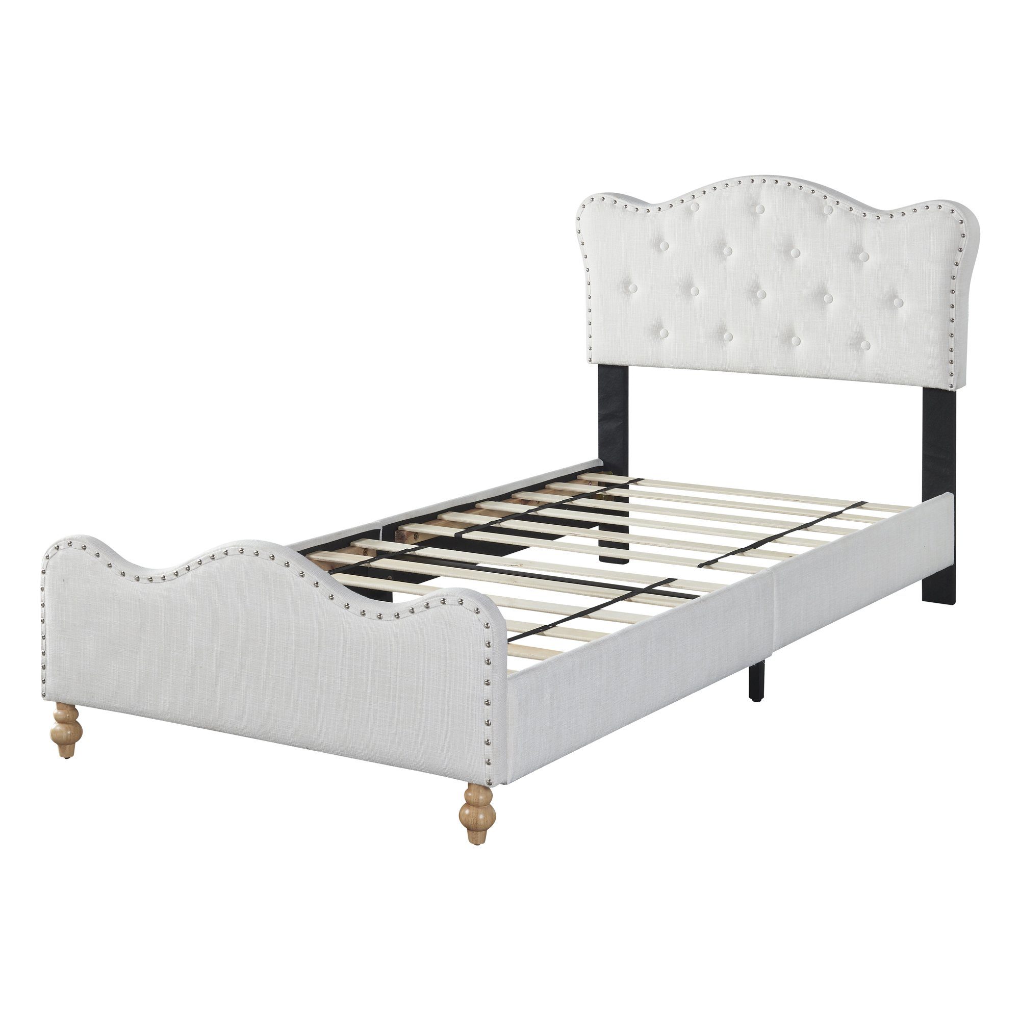OKWISH Polsterbett Kinderbett Doppelbett Funktionsbett Gästebett (mit Fußteil und Lattenrost gepolstertes Einzelbett Jugendbett Gästebett 90x200 cm, Bettgestell in weißem hautfreundlichem Leinenstoff mit Kopfteil), ohne Matratze