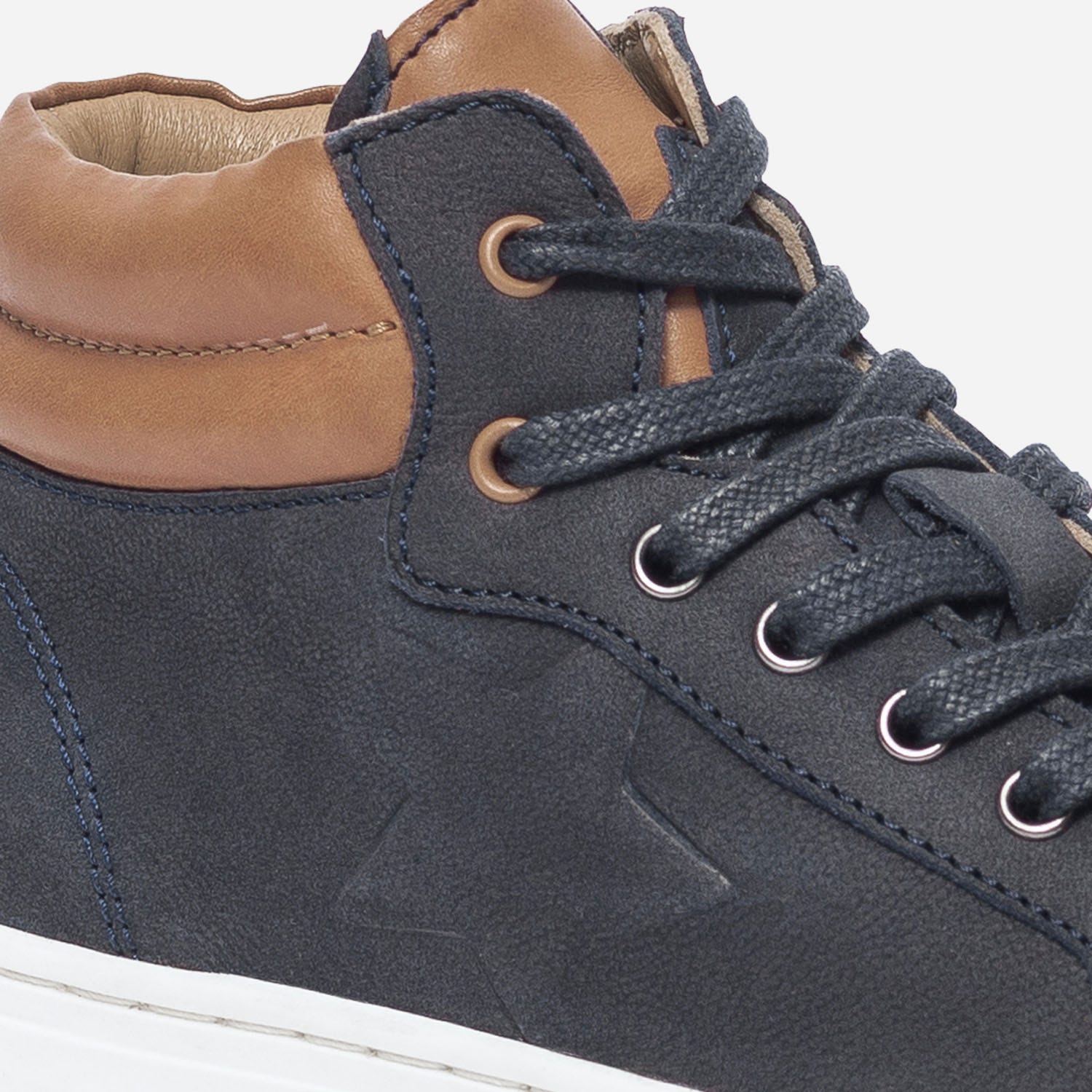 Basket bleu et camel en cuir