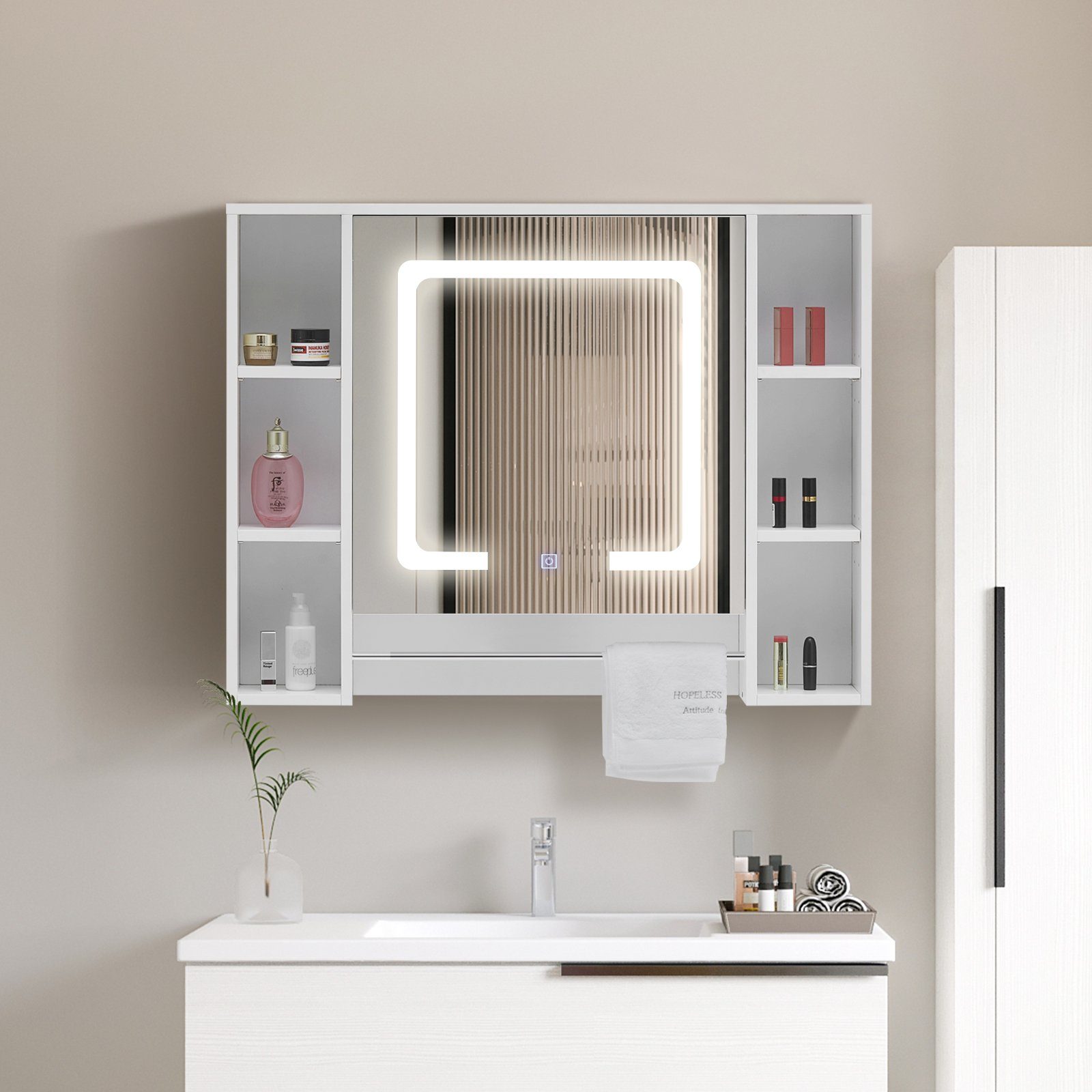 CLIPOP Spiegelschrank Badeschrank mit LED Wandspiegel mit Touchschalter, verstellbaren Regalen & Handtuchhalter