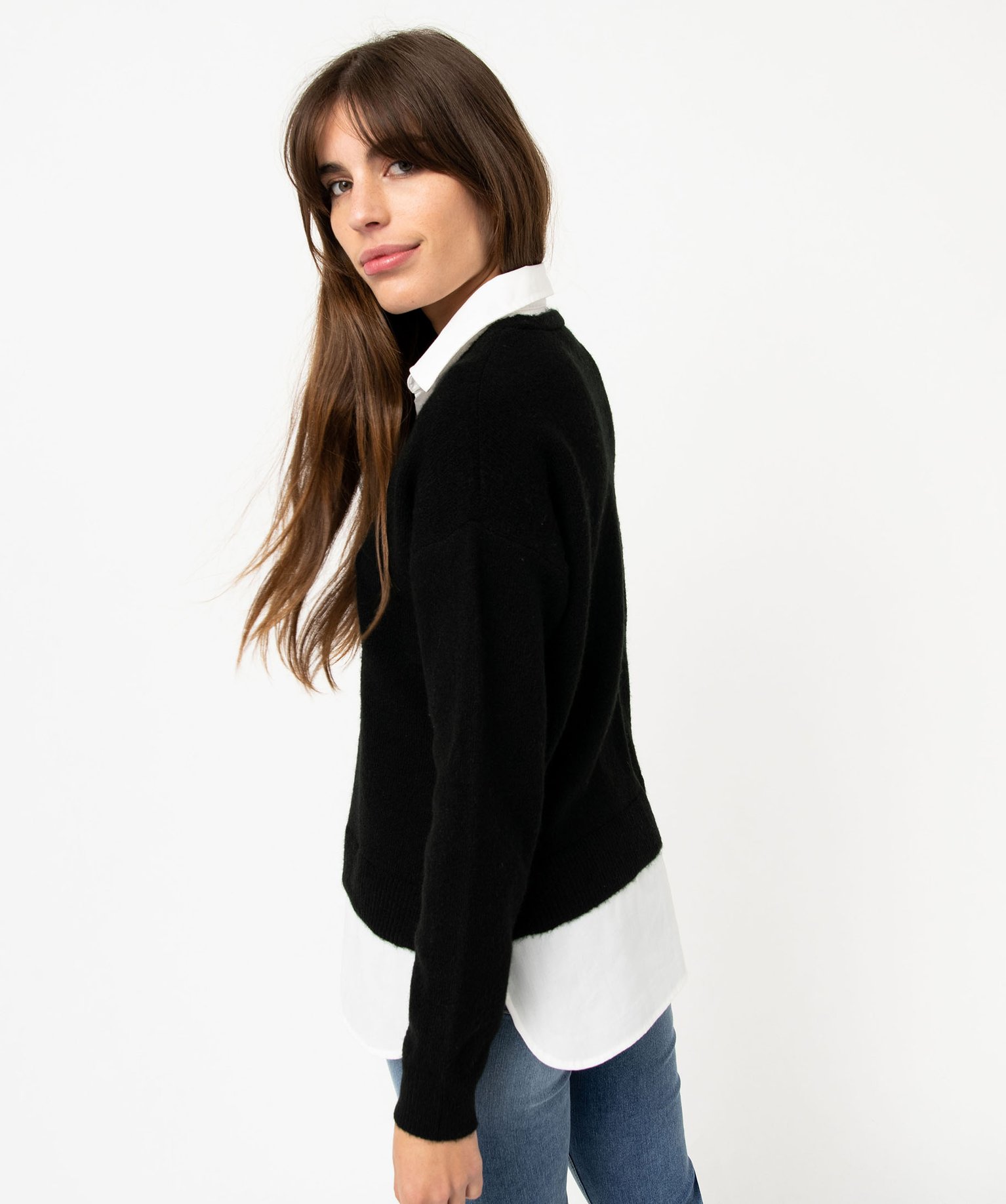 Pull 2 en 1 avec chemise femme noir | GEMO
