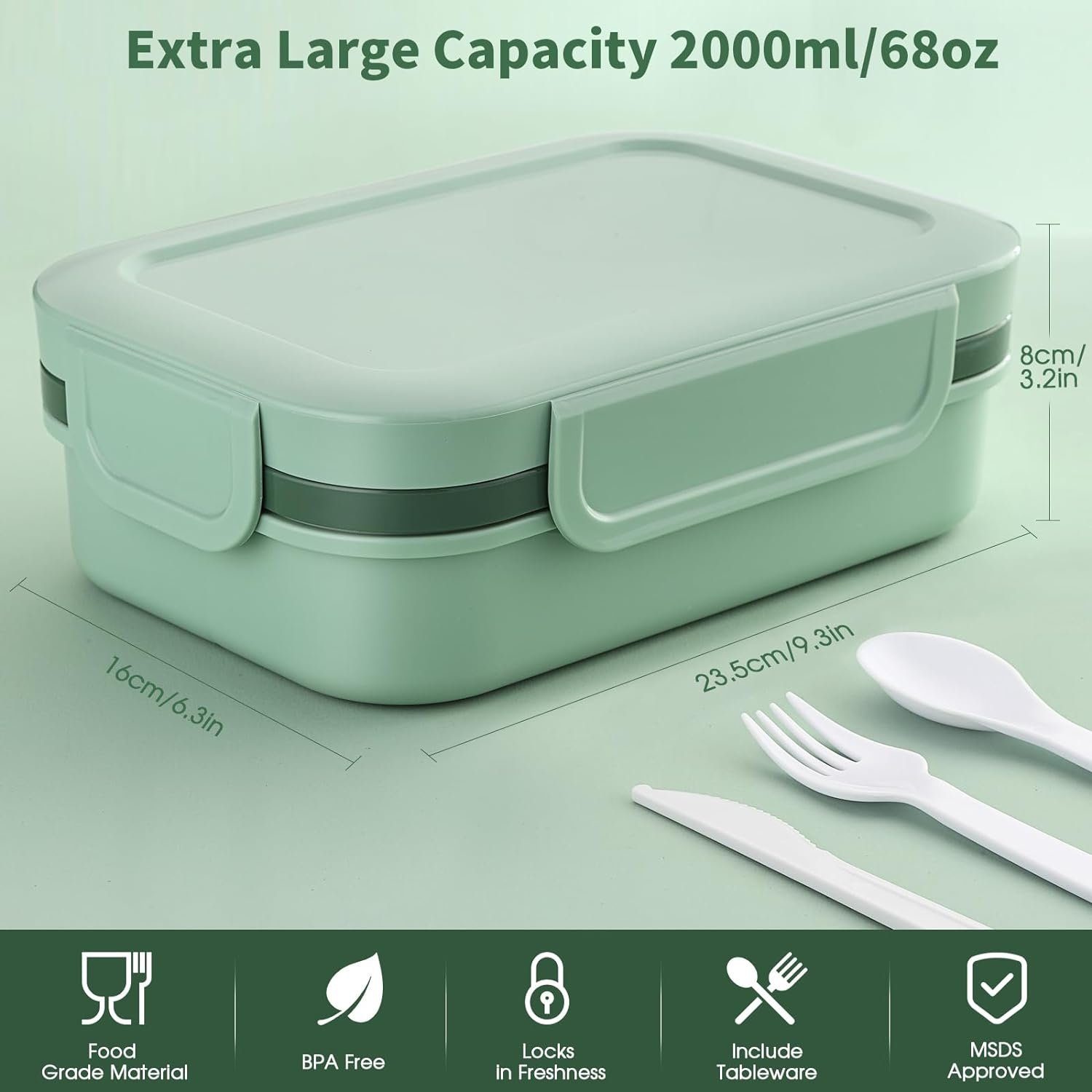 megadot Lunchbox Lunchbox für Erwachsene,2000ml Brotdose mit Fächern, Auslaufsicher Essensbox mit Besteck, Vesperbox, Brotzeitbox Brotbox