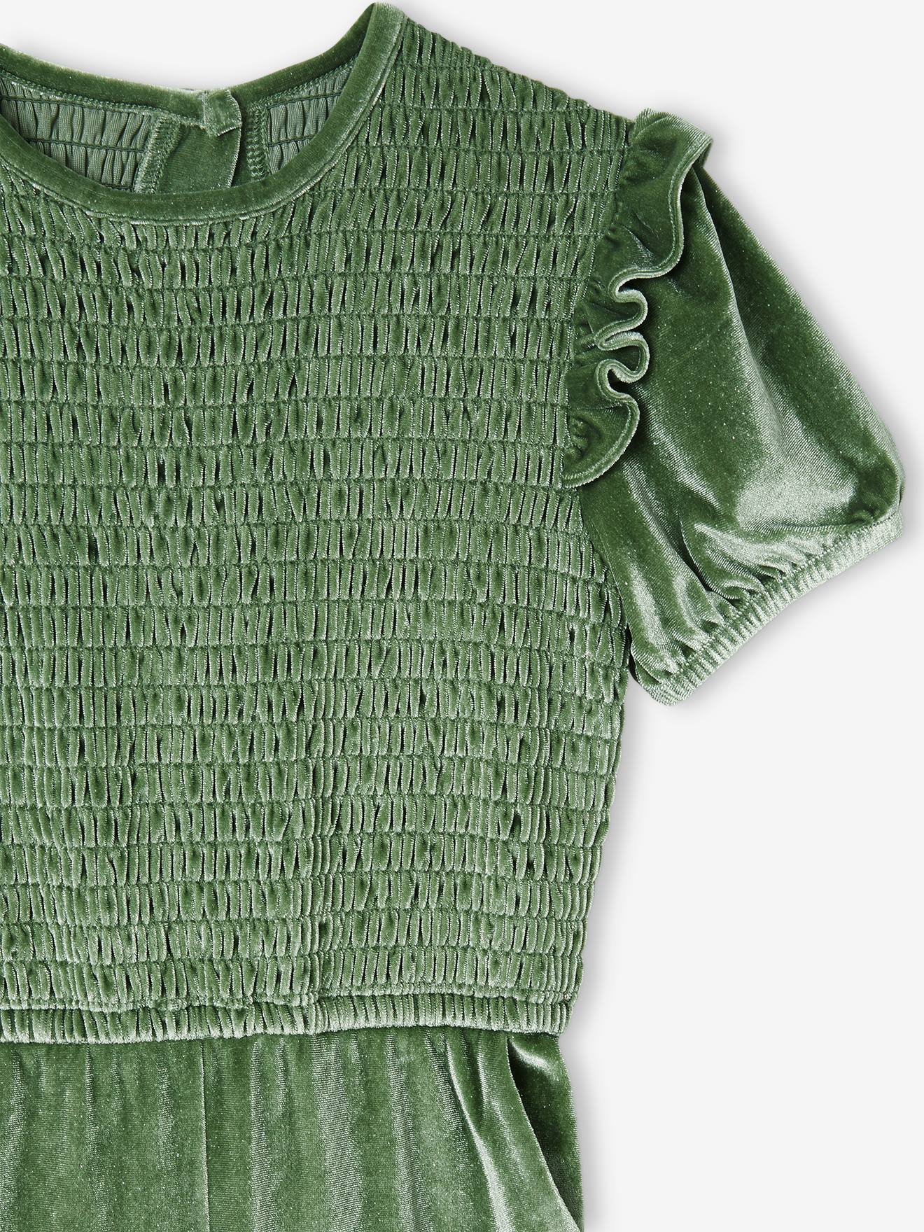 Combinaison à smocks en velours pailleté fille vert sauge