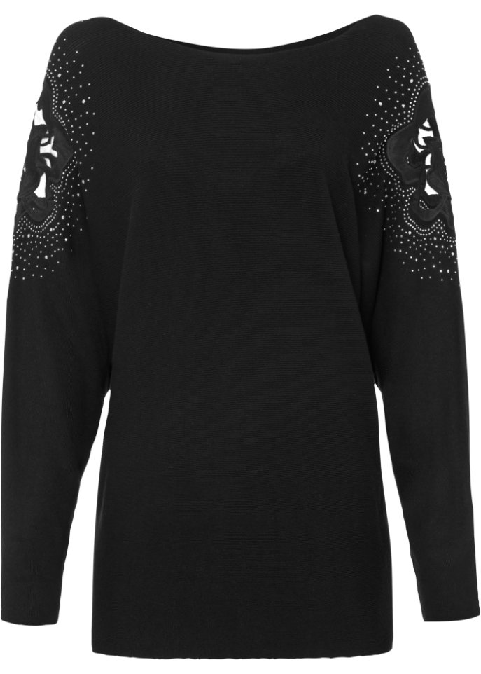 Ripp-Pullover mit Steinchen