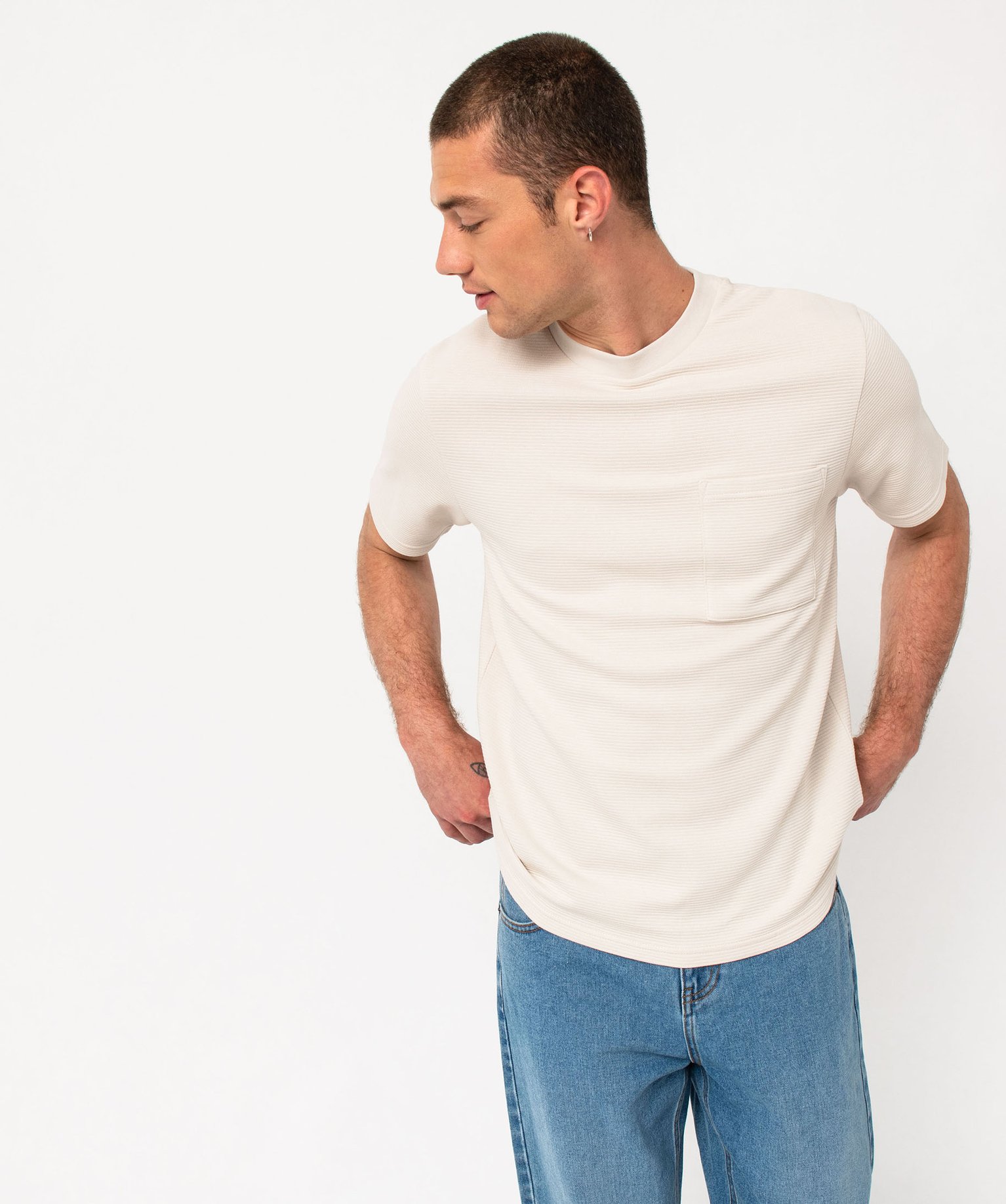 Tee-shirt manches courtes en coton texturé épais homme ecru | GEMO