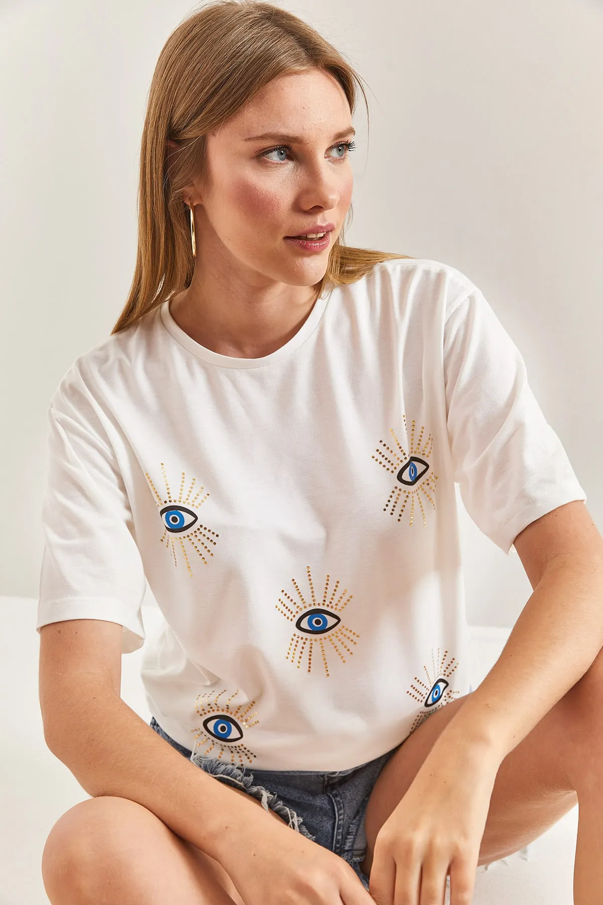 Bianco Lucci  Damen-T-Shirt aus gekämmter Baumwolle mit Augenmuster
