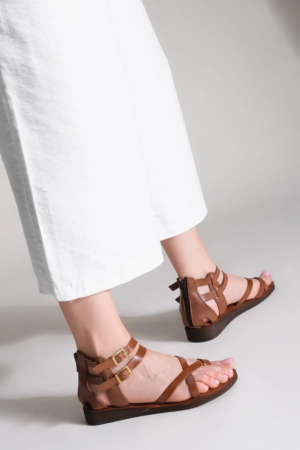 Marjin  Damen Flip-Flops aus echtem Leder mit leichter Eva-Sohle, Alltagssandalen Zelos, hellbraun