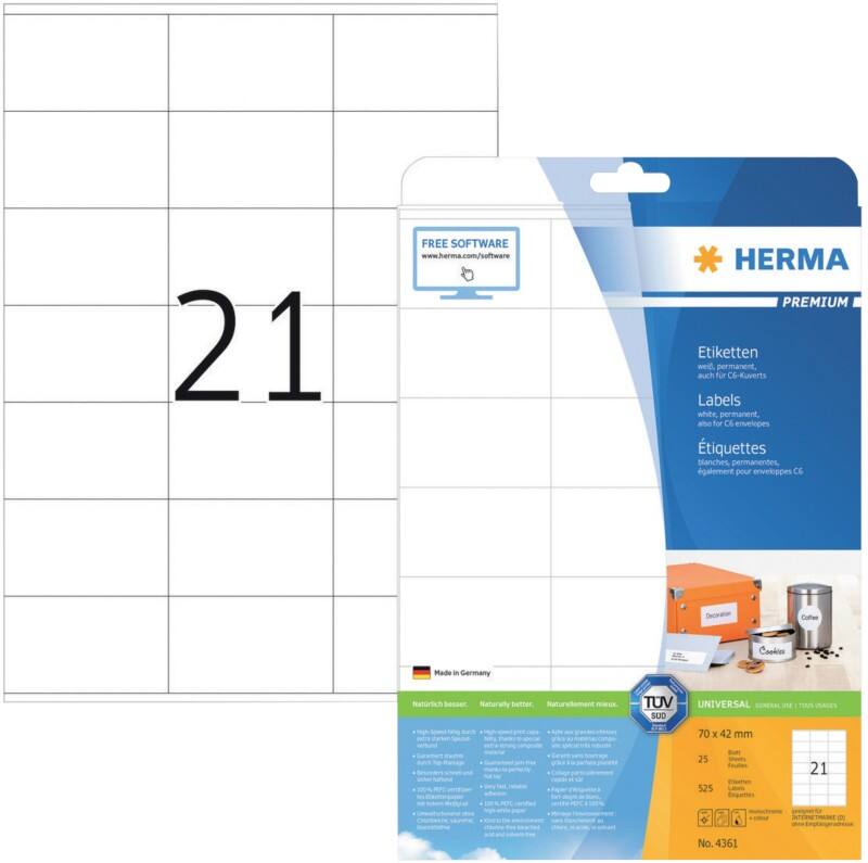 HERMA Universaletiketten 4361 Weiß DIN A4 70 x 42 mm 25 Blatt à 21 Etiketten