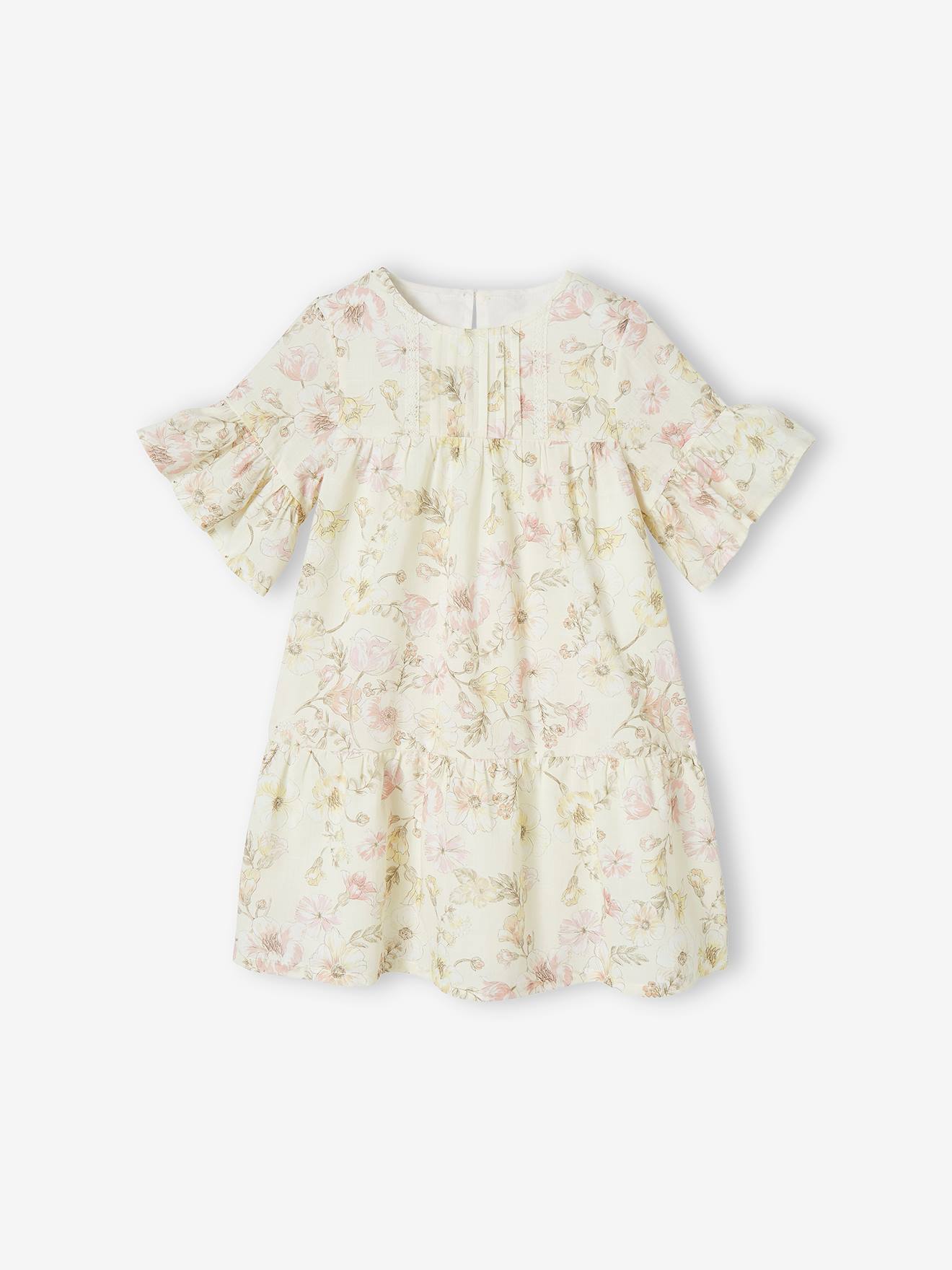 Robe de cérémonie volantée motifs fleurs fille écru