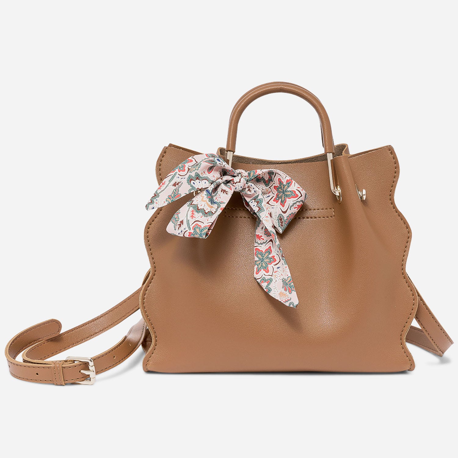 Sac à main camel avec foulard rose
