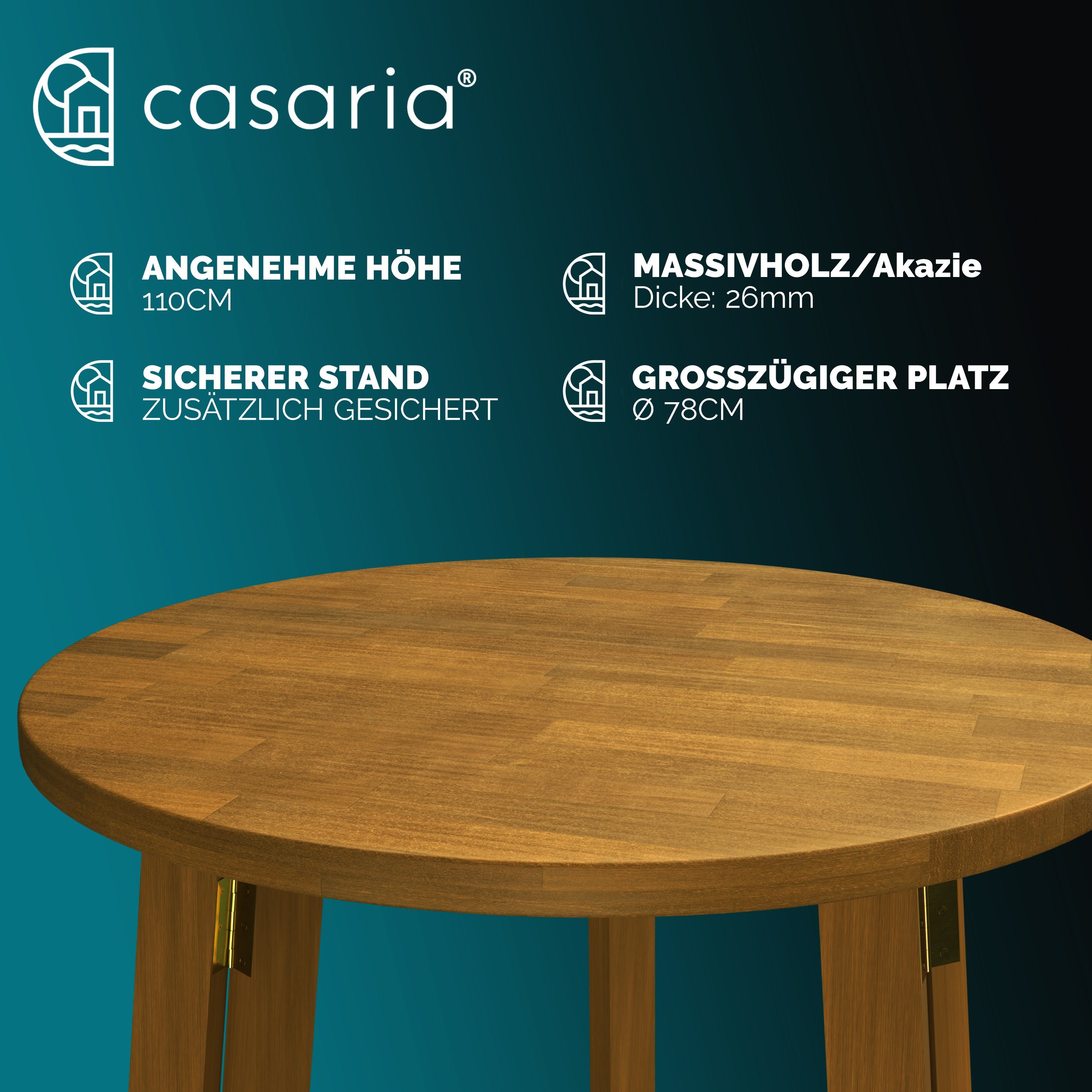 Casaria Stehtisch Akazie (1-St), Holz Klappbar 110cm Hoch Ø78 cm Rund Massiv Rustikal Indoor Outdoor