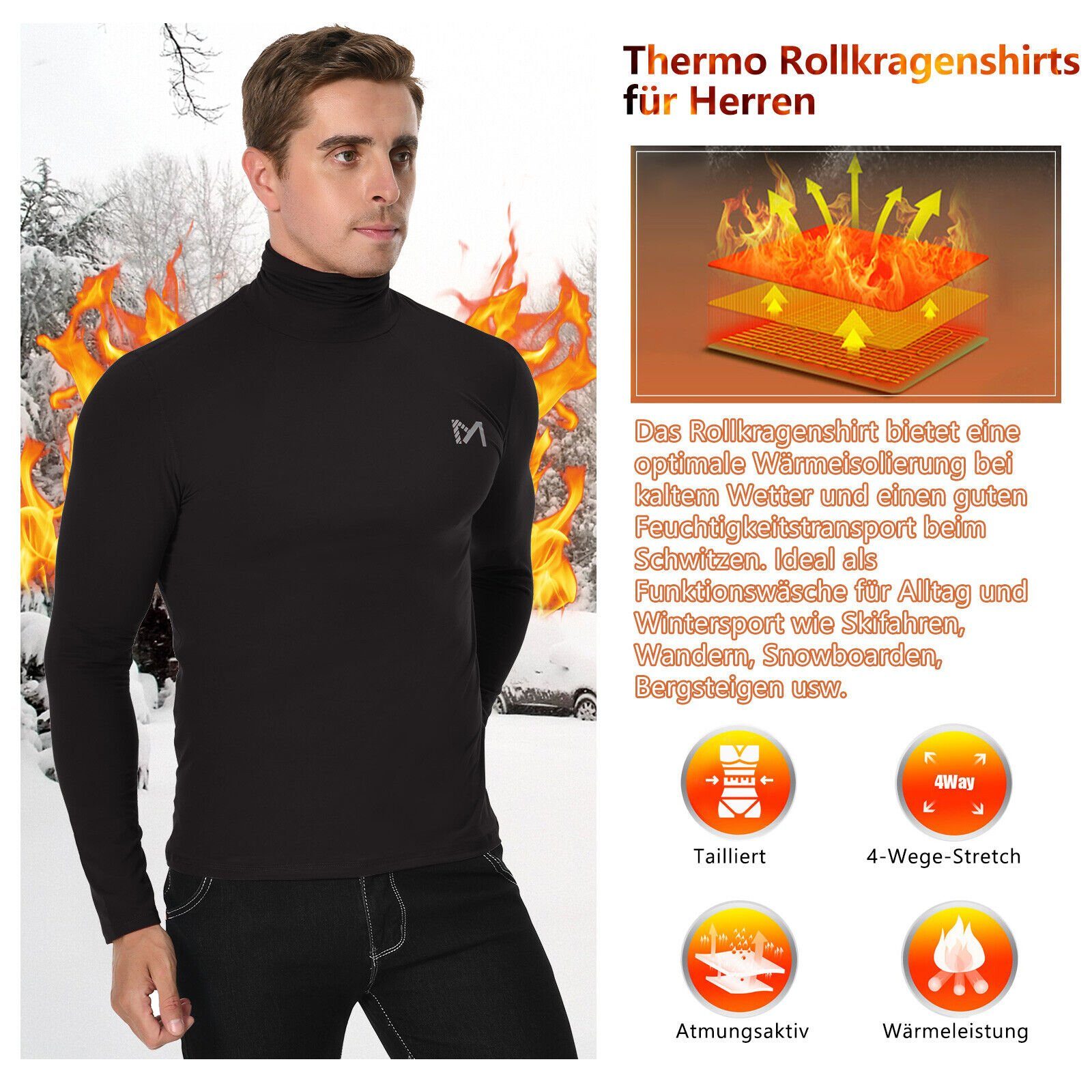 MEETYOO Thermounterhemd Herren Langarm Thermoshirt (Thermounterwäsche Hemd, Funktionsshirt) Stehkragen Winter Skiunterhemd