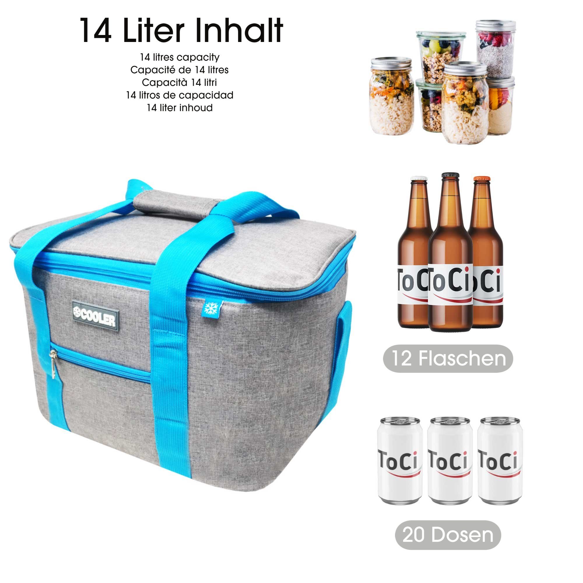 ToCi Kühltasche 14 L Kühltasche Campingtasche Picknick Tasche Grau + 6x 200ml Kühlakku