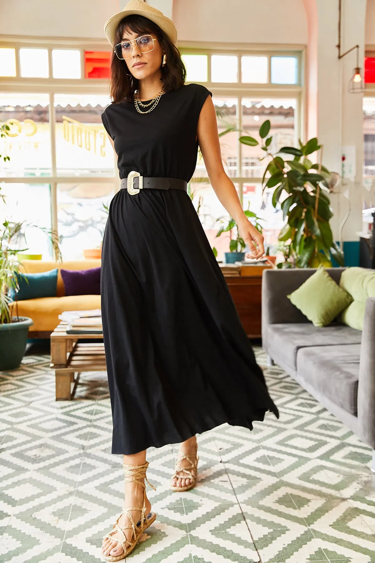 Olalook  Damenkleid aus gekämmter Baumwolle mit elastischem Bund in Schwarz ELB-19001509