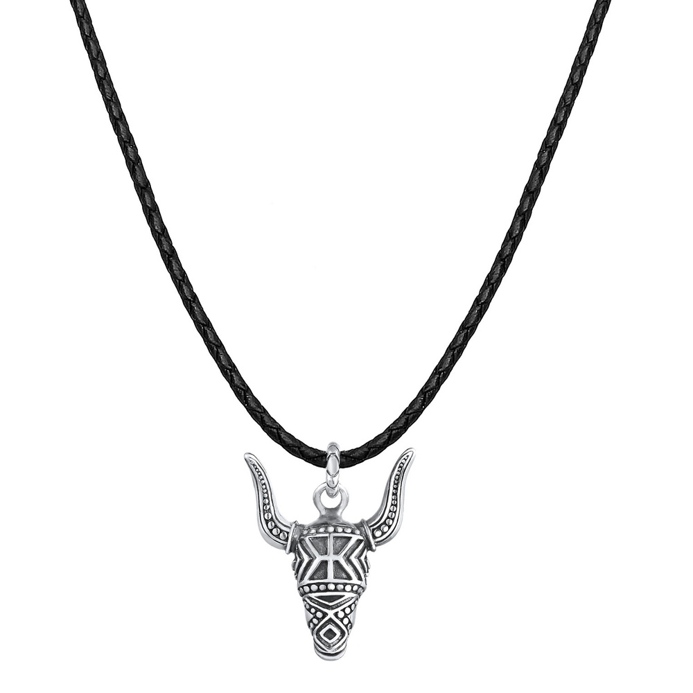 KUZZOI KUZZOI Collier Herren Lederkette Stierkopf Oxidiert 925 Silber collier