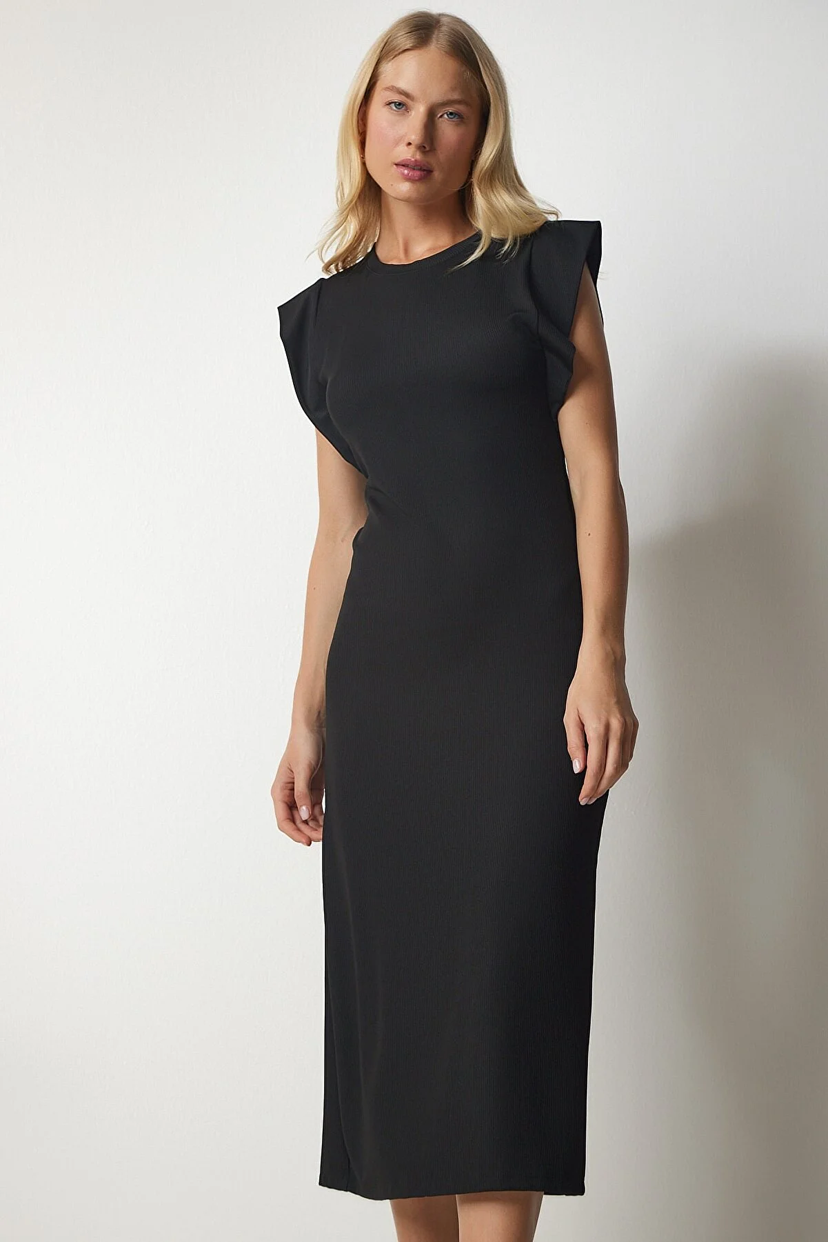 Happiness İstanbul  Schwarzes ärmelloses Cord-Bleistiftkleid für Damen MC00217