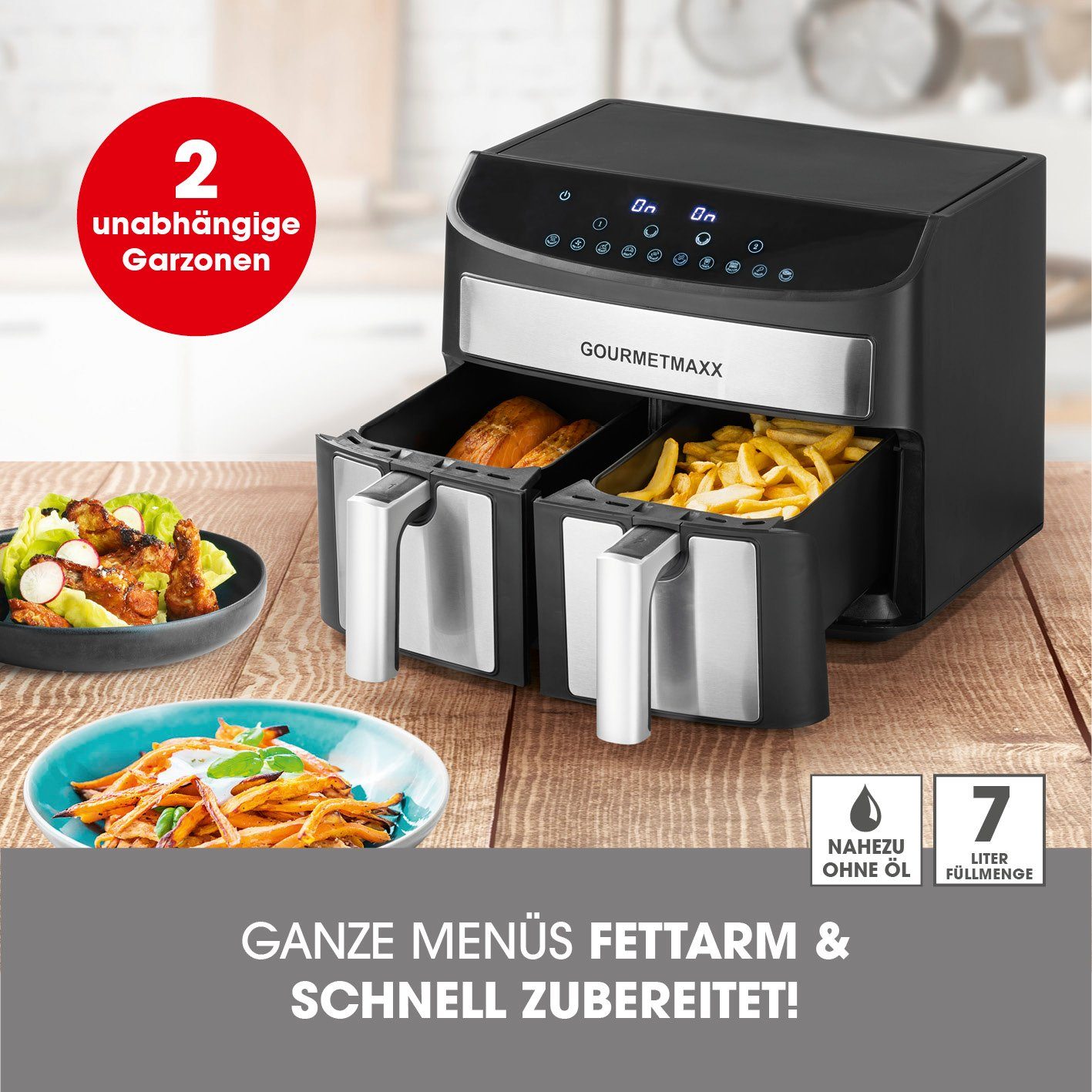 GOURMETmaxx Heißluftfritteuse Doppelkammer 7L, 2400,00 W, 2 x 3,5L Doppelkorb