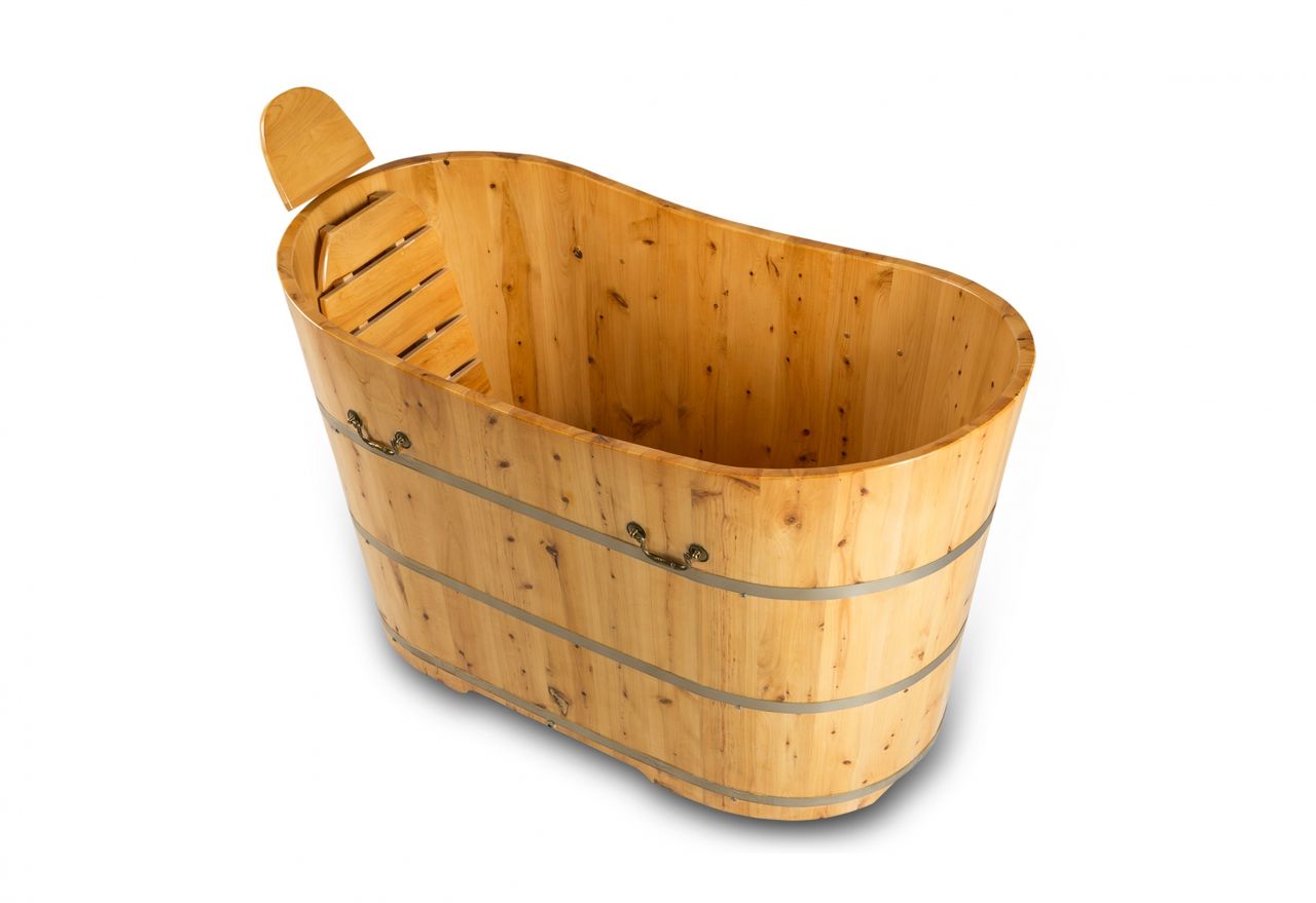 PureHaven freistehende Holzbadewanne 150x62cm aus Zedernholz 150 L ergonomische Formgebung pflegeleichte Oberfläche verstärkter Rahmen inkl. Ablauf