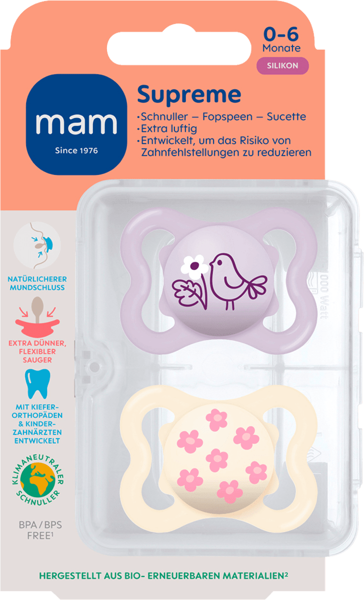Schnuller Supreme Silikon, lila/creme, 0-6 Monate, 2 St