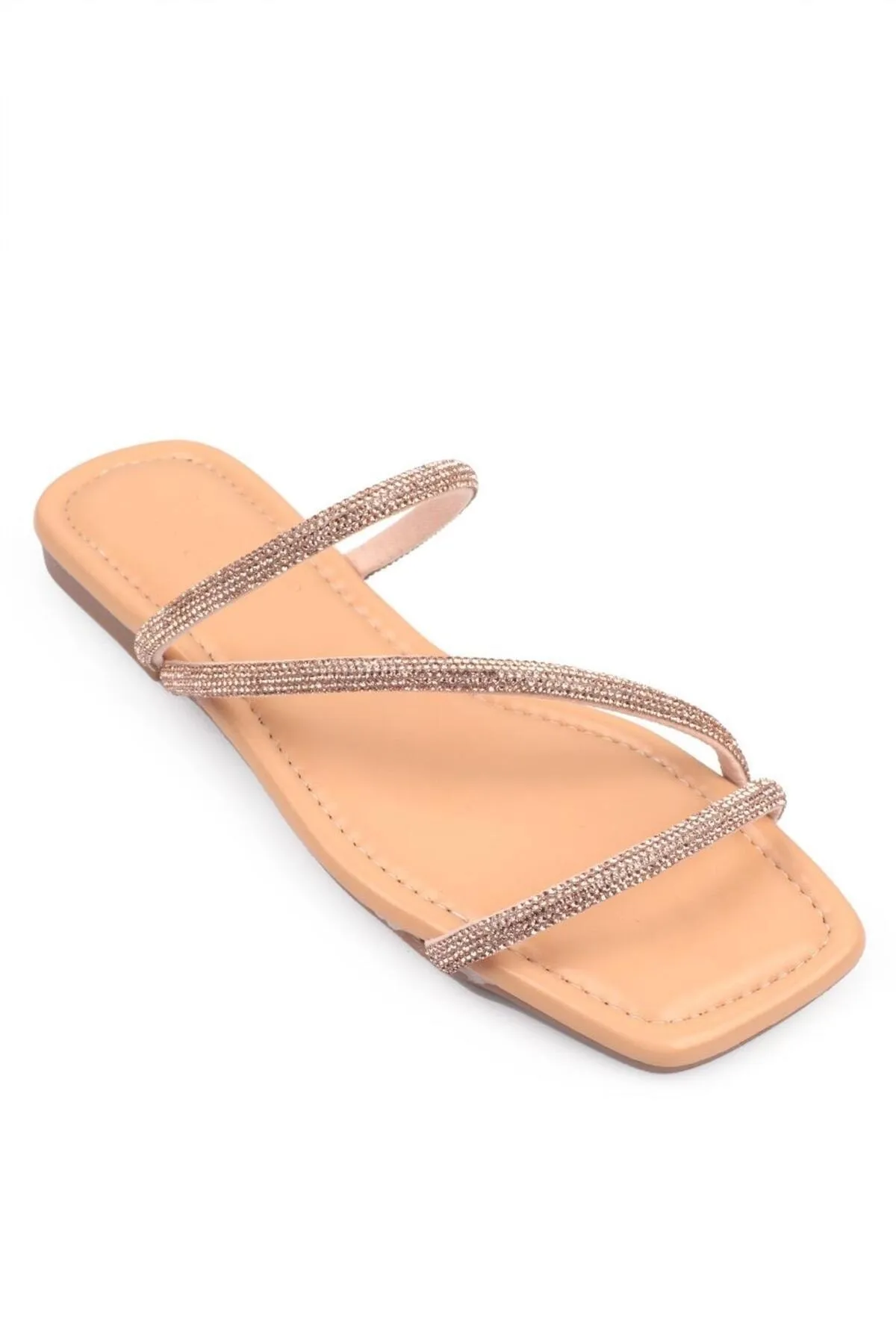 Capone Outfitters  Capone Stoned 3-Striped Flat Heel Quilted Nude Damenhausschuhe