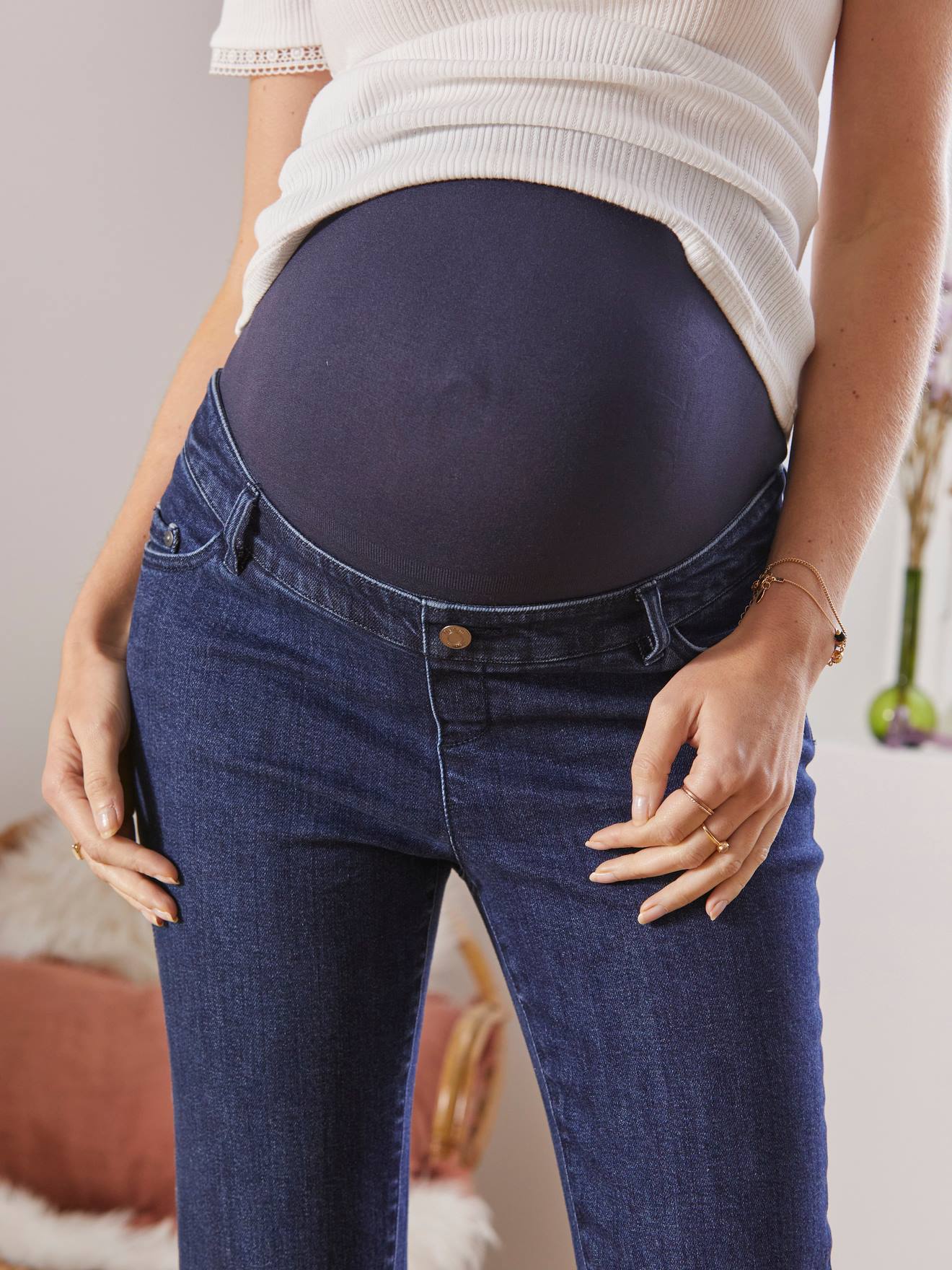 Jean droit 7/8ème de grossesse bandeau sans couture bleach