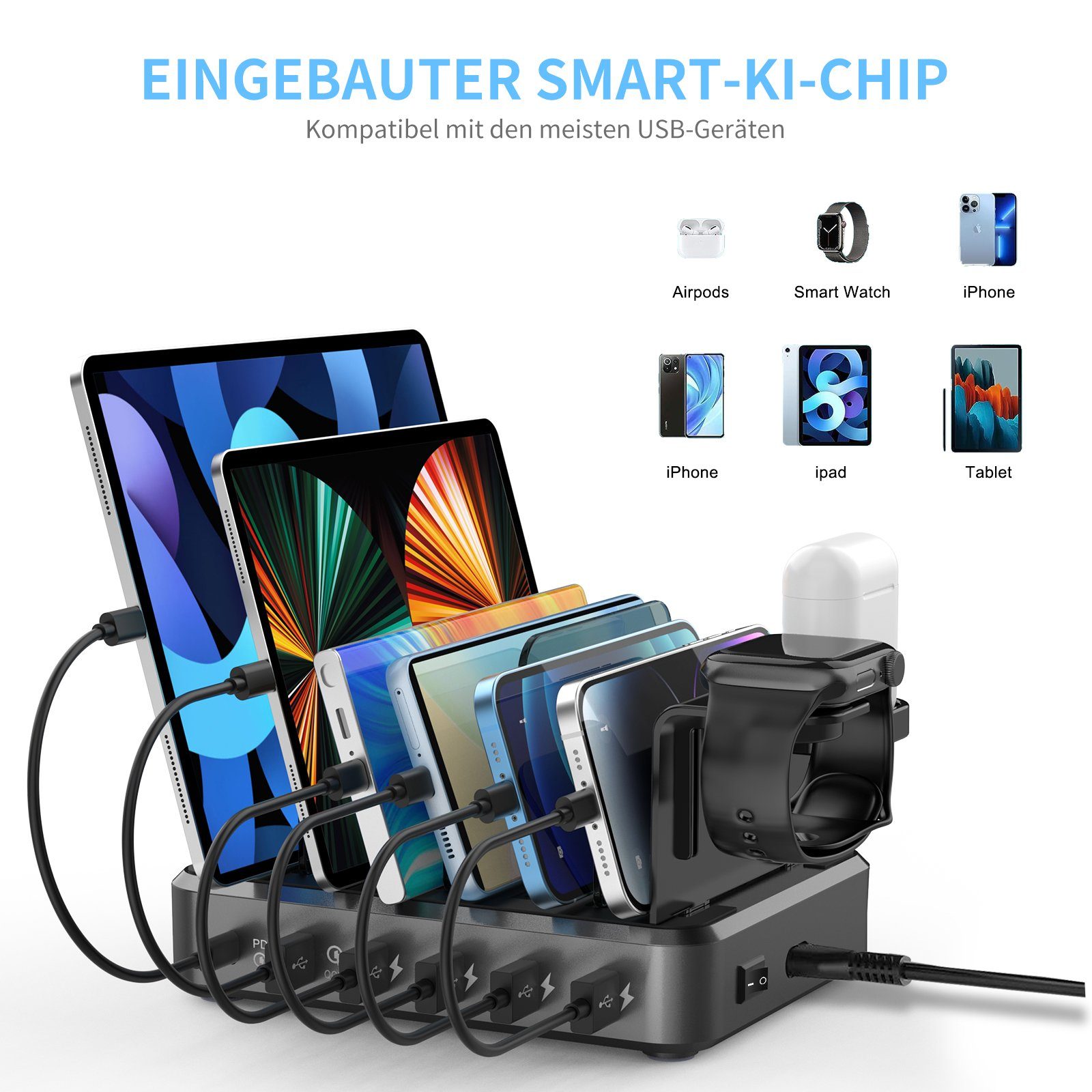 Yaviel Handy-Dockingstation Desktop Ladestation Geräte Multi Ladestation Mehrere Aufladestation, (Ladegerät USB C, Mobiltelefon Tablet Kopfhörer MP4 und andere USB-fähige Geräte), Handy Ladestation Mehrfach Ladebox mit 6 USB Ports 68W
