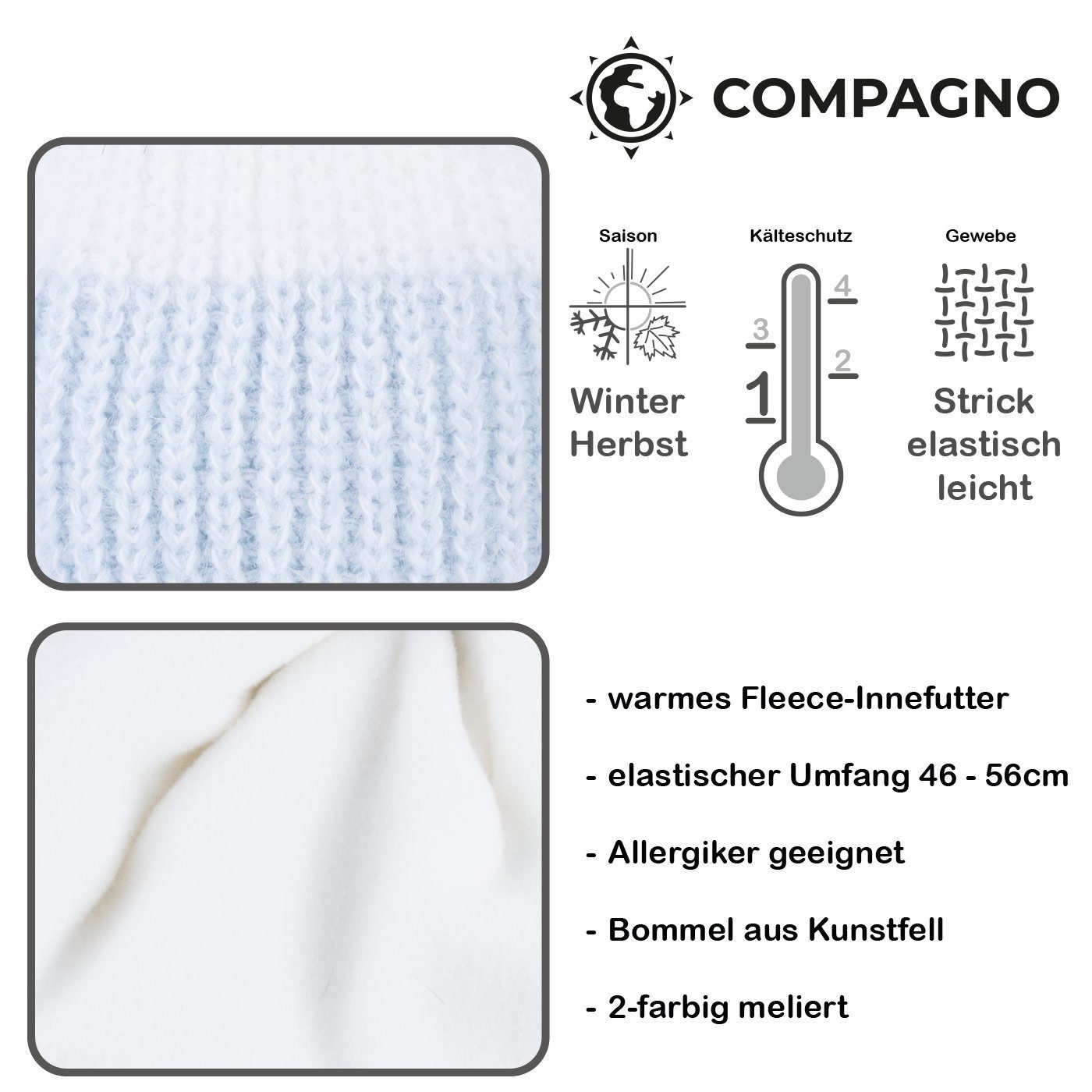 compagno Bommelmütze (1-St) Wintermütze Strickmütze Damen Mütze Winter Fleecefutter Beanie
