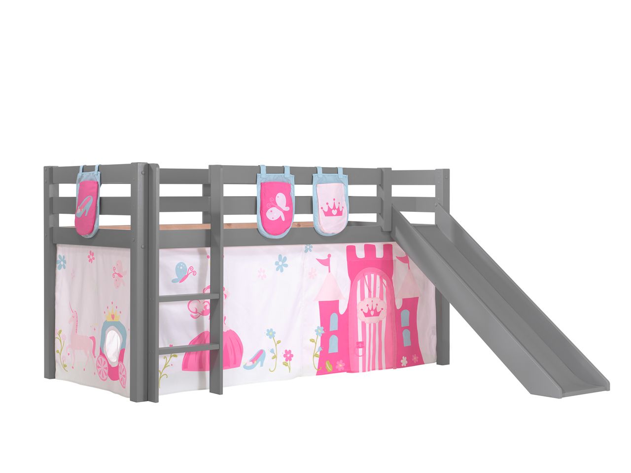 VIPACK Spielbett Pino inkl. Rutsche mit Textilset Vorhang und 3 Taschen 
