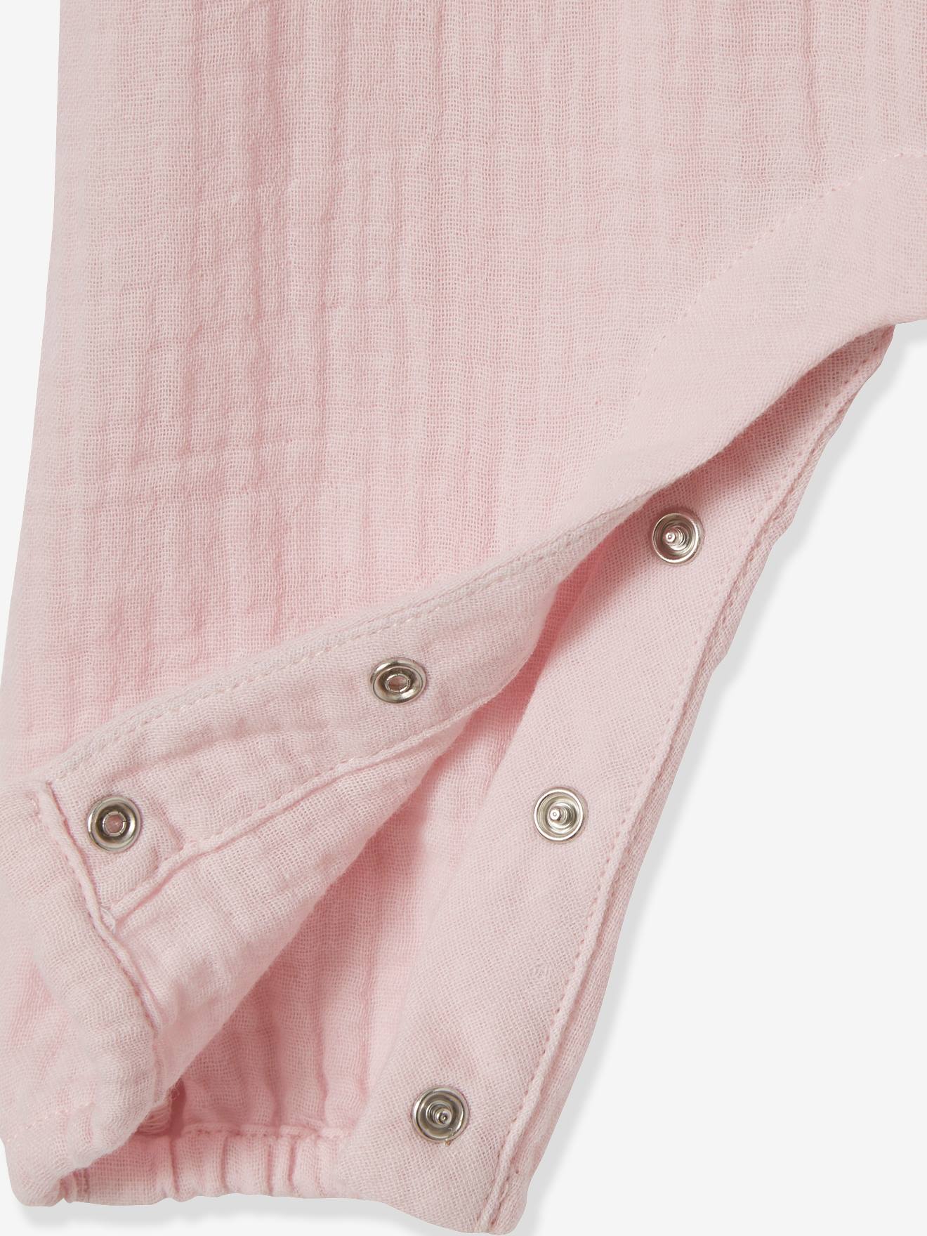 Combinaison bébé fille brodée en gaze de coton rose
