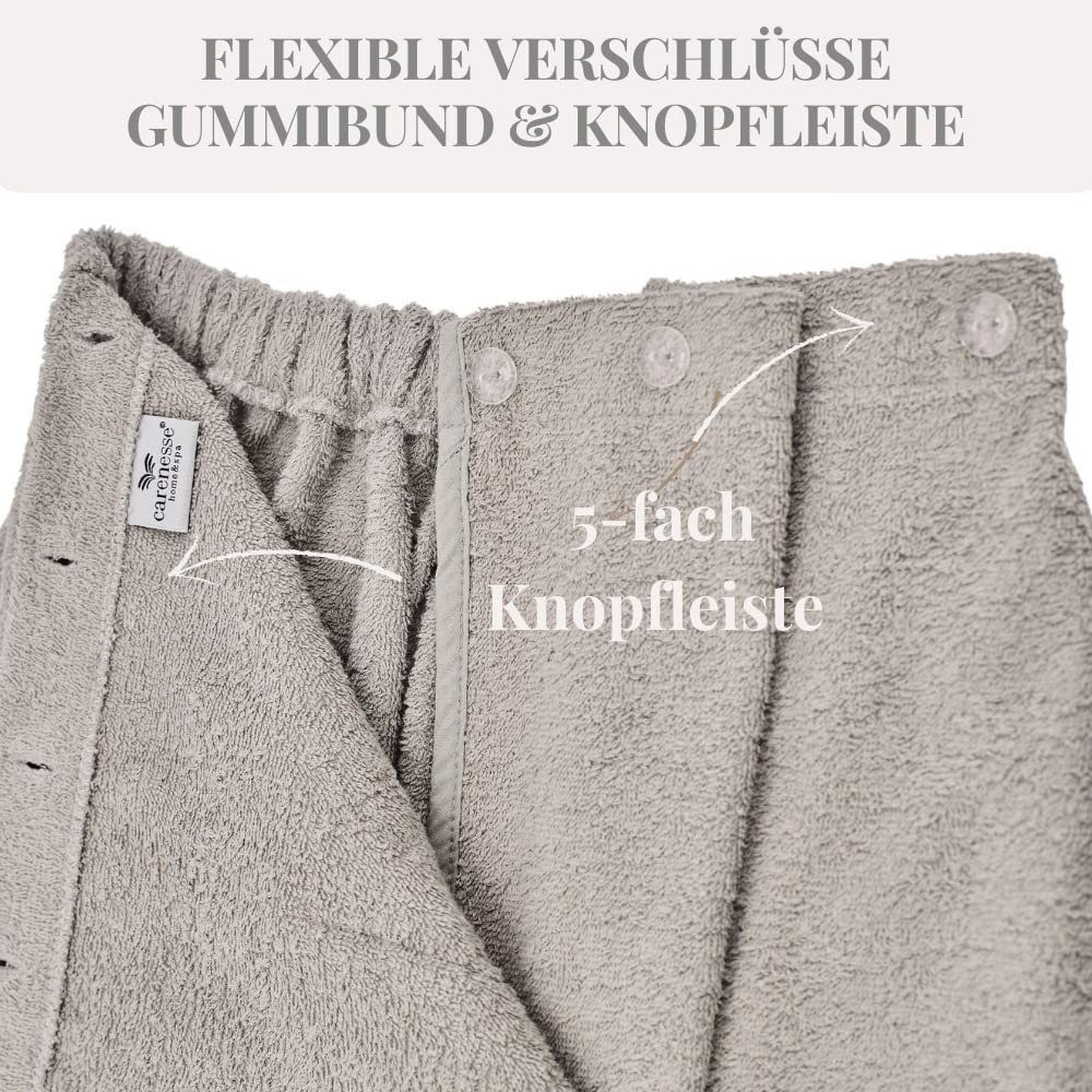 Carenesse Saunatuch Saunakilt Herren 50 x 140 cm grau, weicher OneSize Sauna-Sarong, Baumwolle, mit flexiblem Gummibund & 5-fach Knopfleiste + Tasche aus Baumwolle