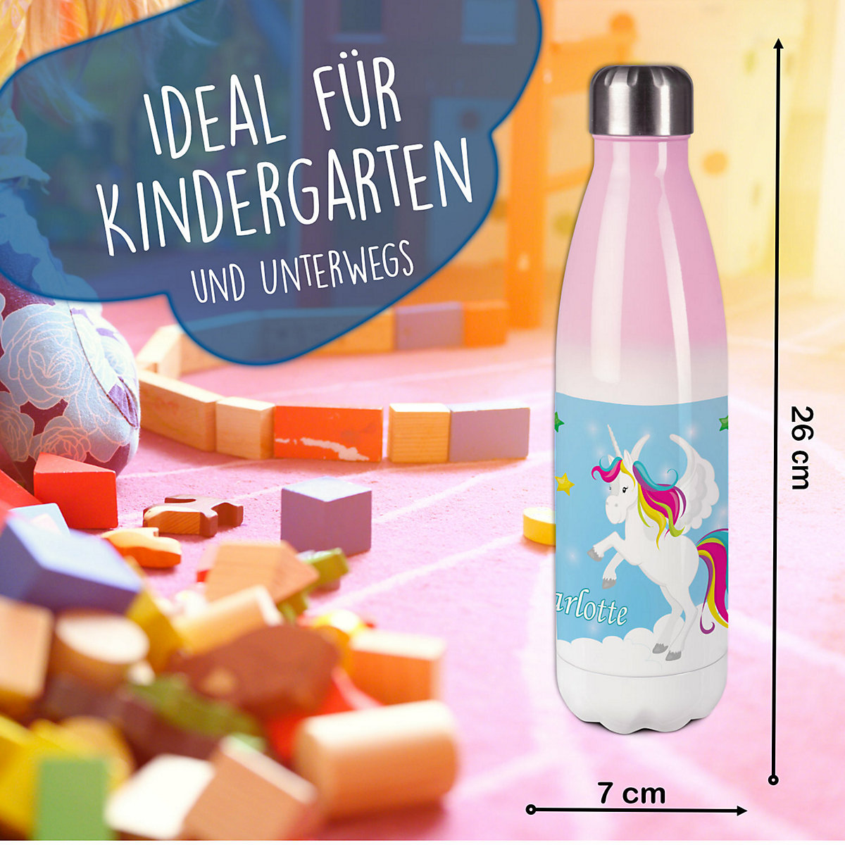 Edelstahl Kinder Thermoflasche / Trinkflasche bunt Pegasus Farbe blau Spülmaschinenfest, Auslaufsicher, Bruchfest, Doppelwandig, Für Heißgetränke geeignet, Mit Deckel, Isoliert