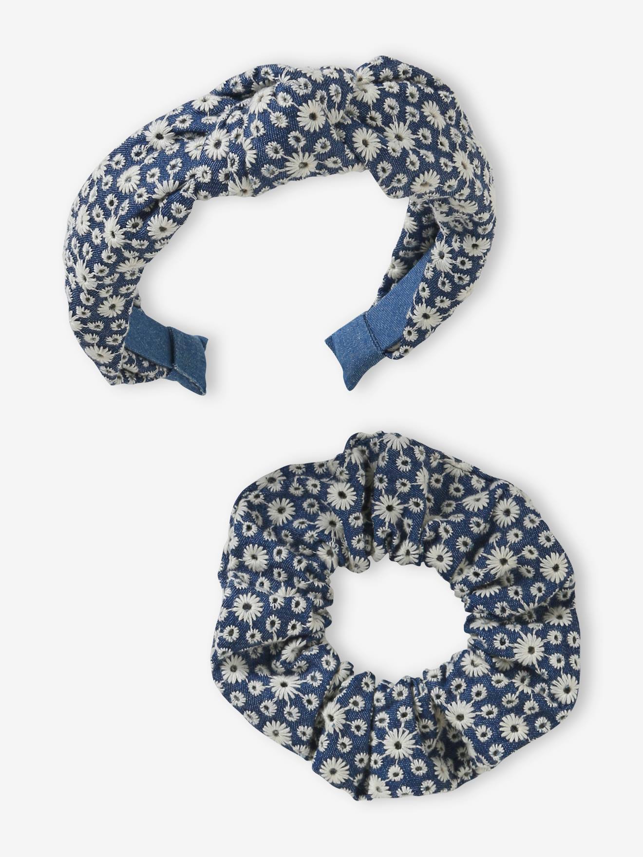 Ensemble serre-tête + choucou broderie anglaise fille bleu jean