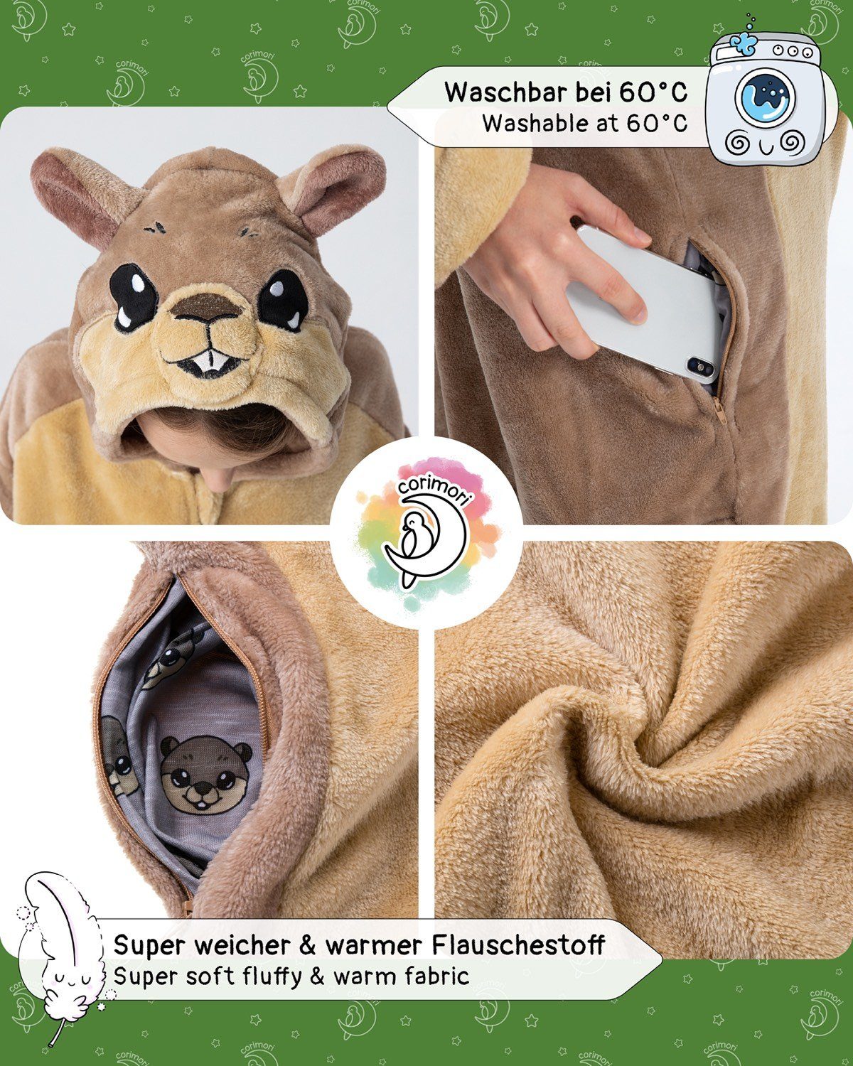 Corimori Jumpsuit Flauschiges Murmeltier-Kostüm für Kinder (2-tlg) mit Haarreif, Karneval, Fasching, Onesie, Mädchen, Jungen