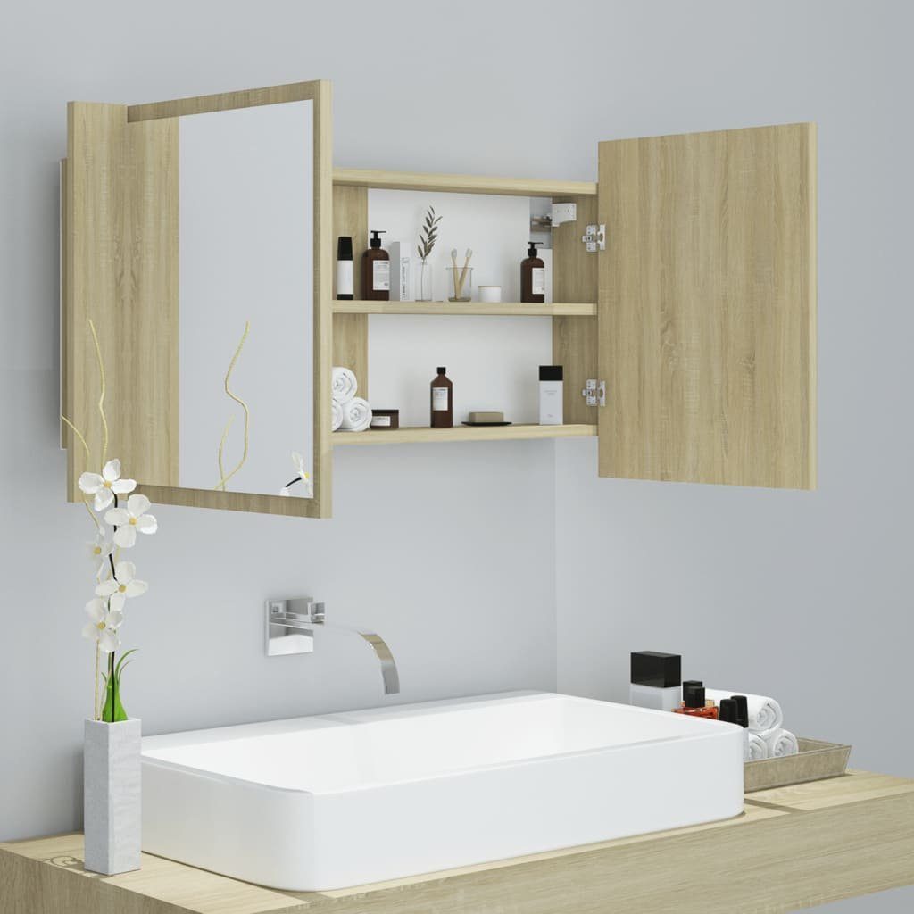 vidaXL Badezimmerspiegelschrank LED-Bad-Spiegelschrank Sonoma-Eiche 90x12x45 cm Acryl (1-St)