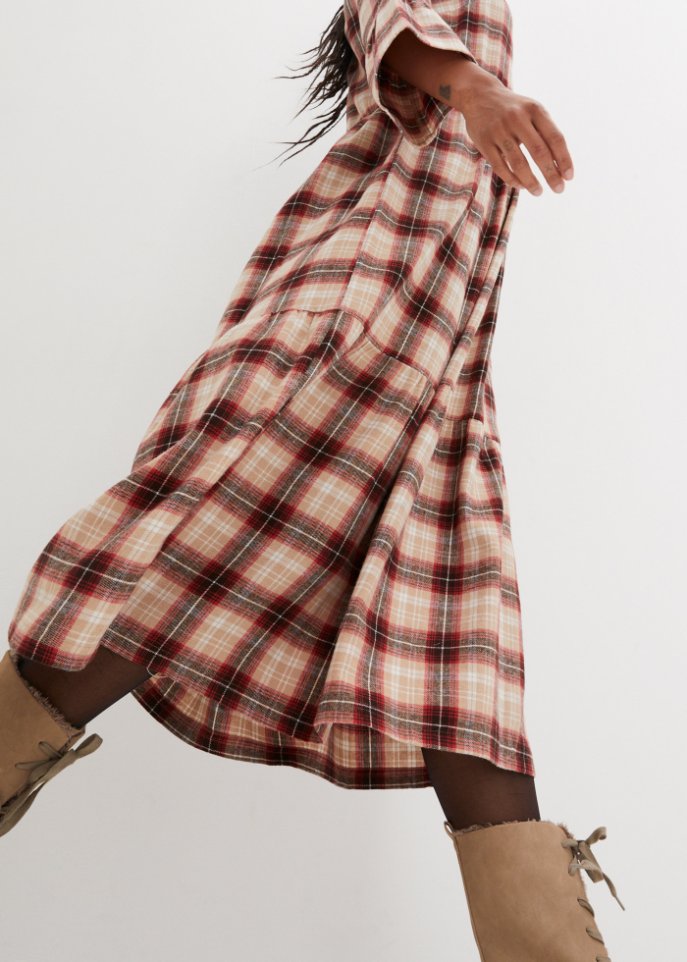 Ausgestelltes Midi-Kleid aus Flanell mit Volants