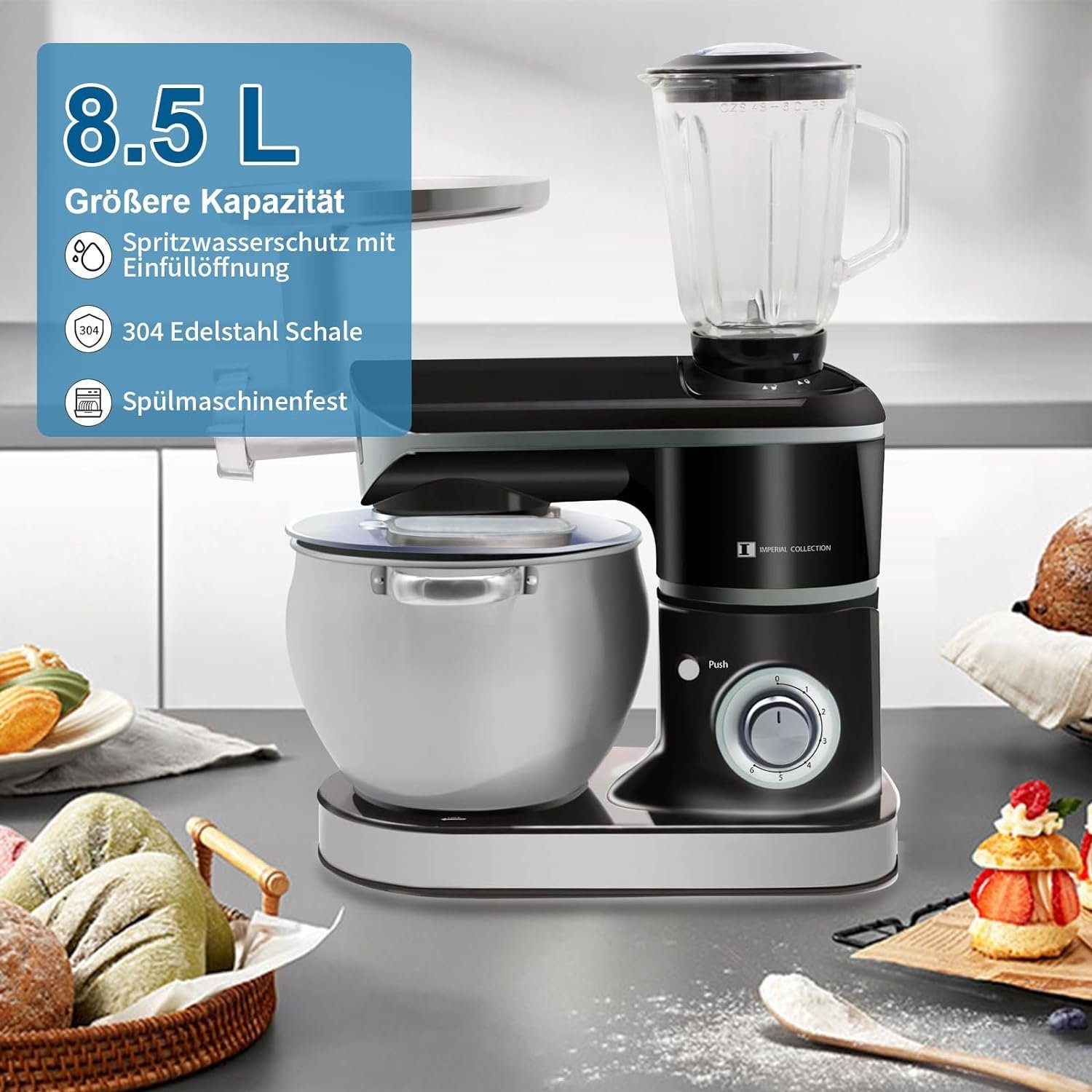 Kraftline Küchenmaschine 3in1 Küchenmaschine 2200W 6 Gänge 8.5L Spülfest, 2200,00 W, 8,50 l Schüssel