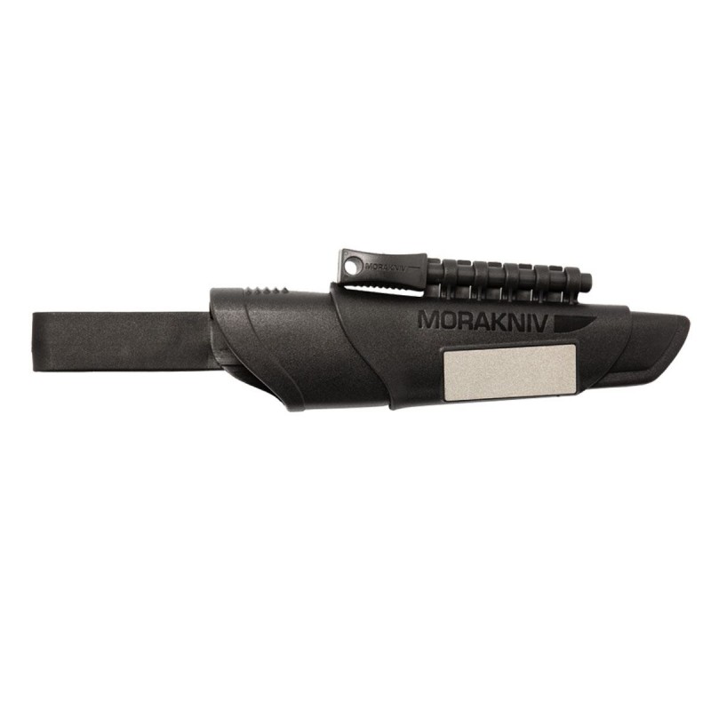 Morakniv Bushcraft, schwarze Klinge, mit schwarzer Plastikhülle.