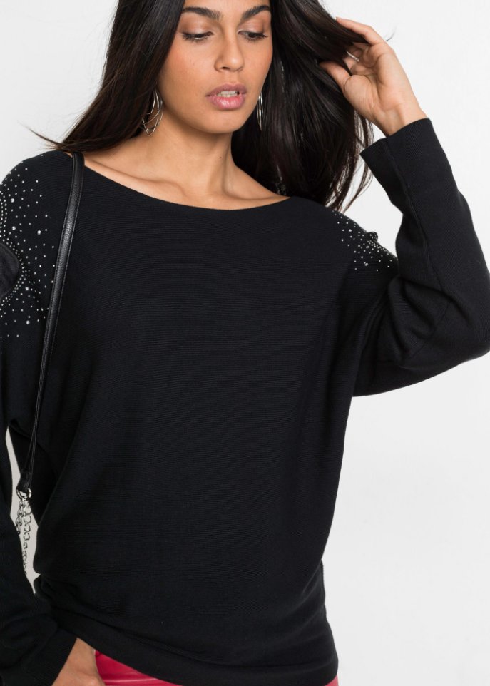 Ripp-Pullover mit Steinchen