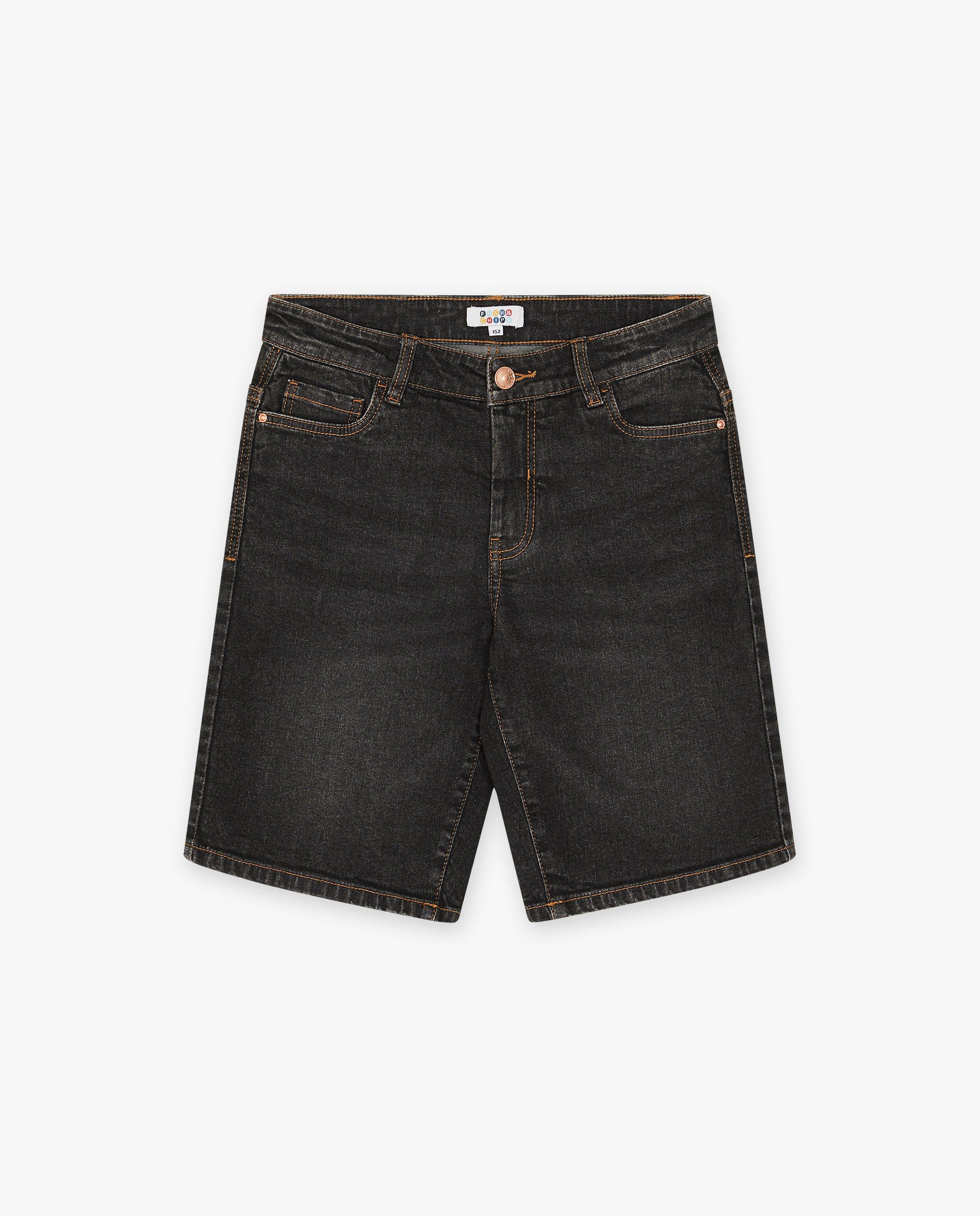 Pantaloni scurți din denim Fish & Chips negri, croială dreaptă