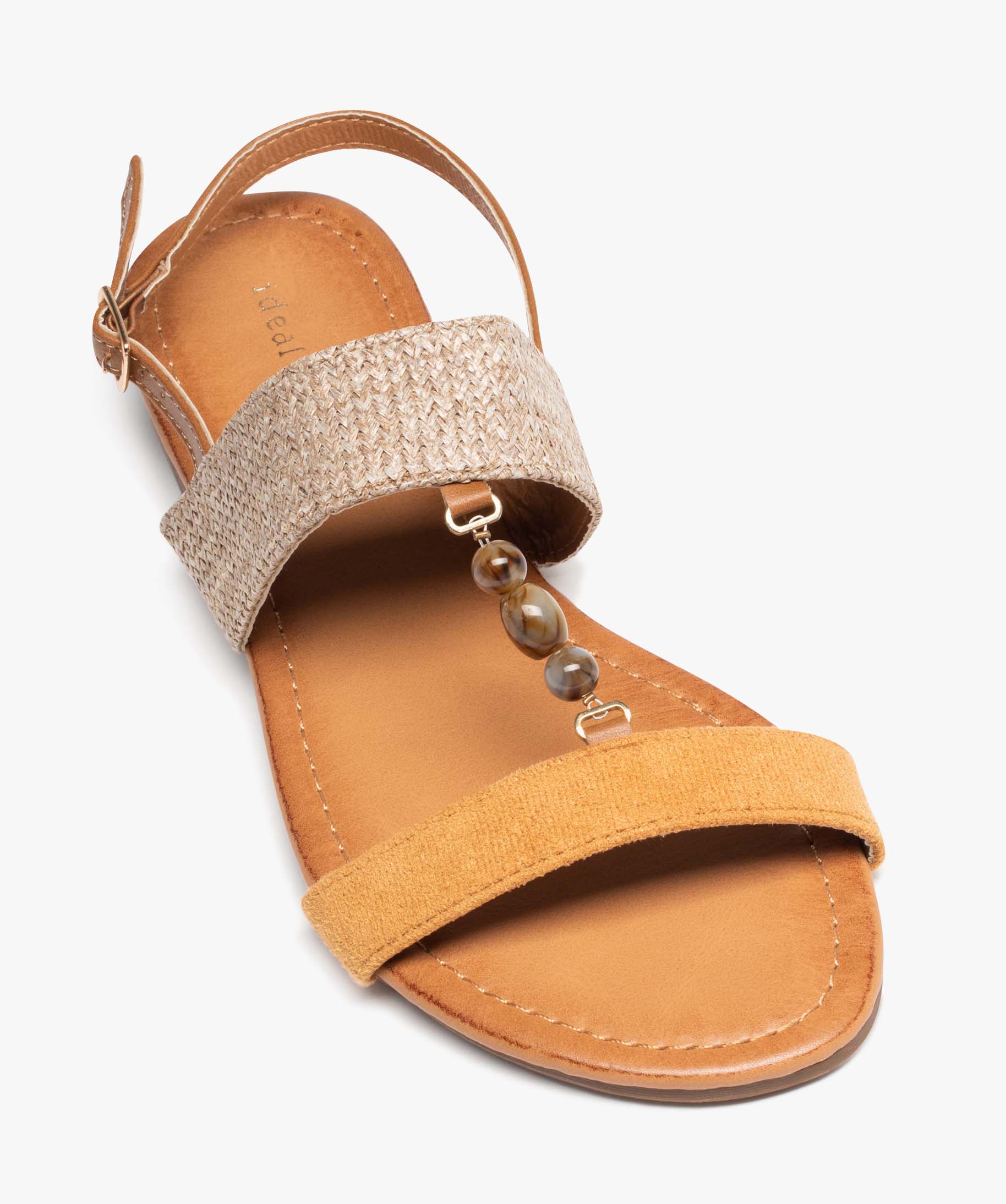 Sandales femme plates ornées de pierres avec brides en tissu camel | GEMO