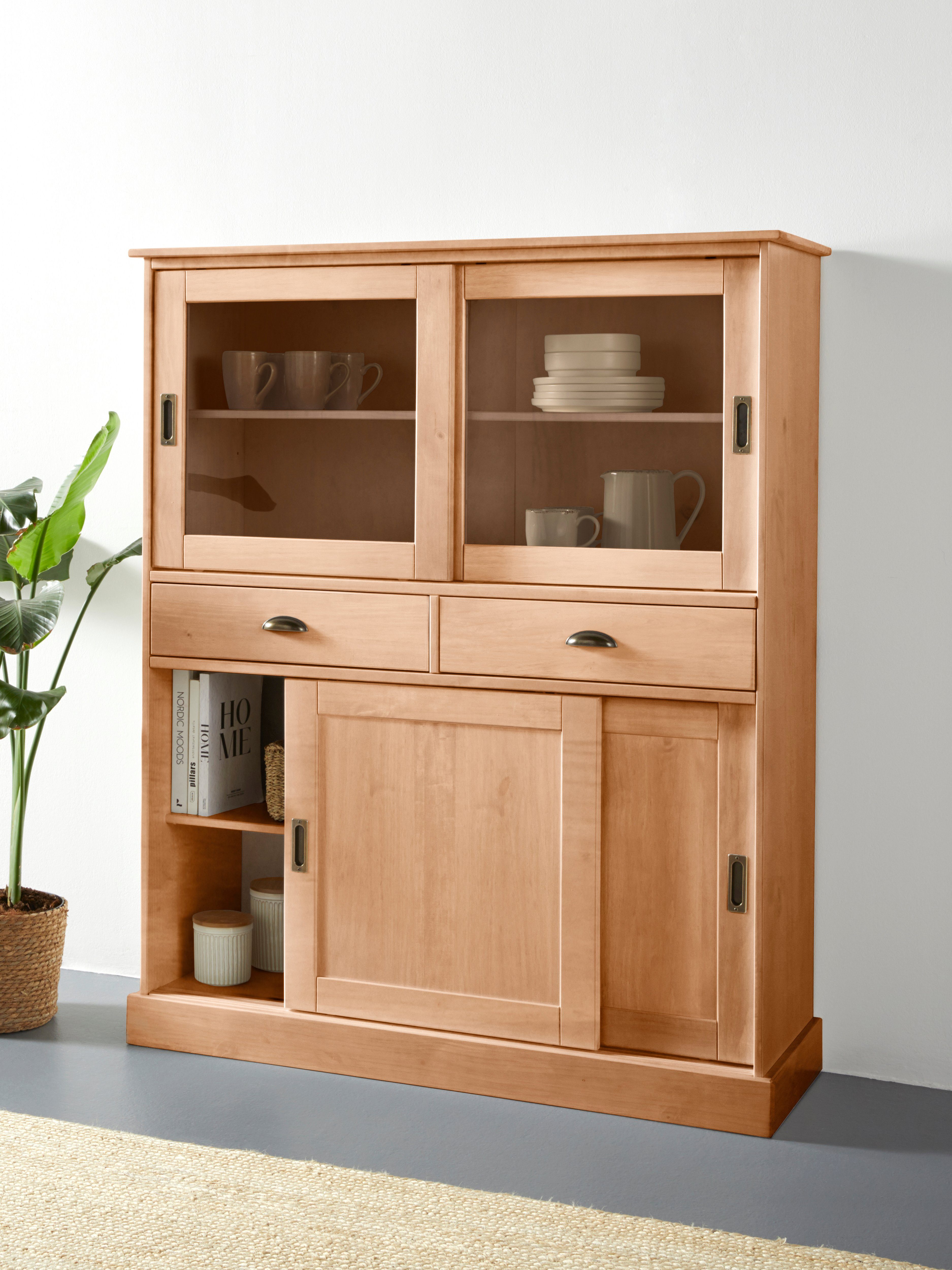 Home affaire Highboard Schröder, mit 2 Glas- u. 2 Holztüren, 2 Schubkasten, aus massivem Kiefernholz