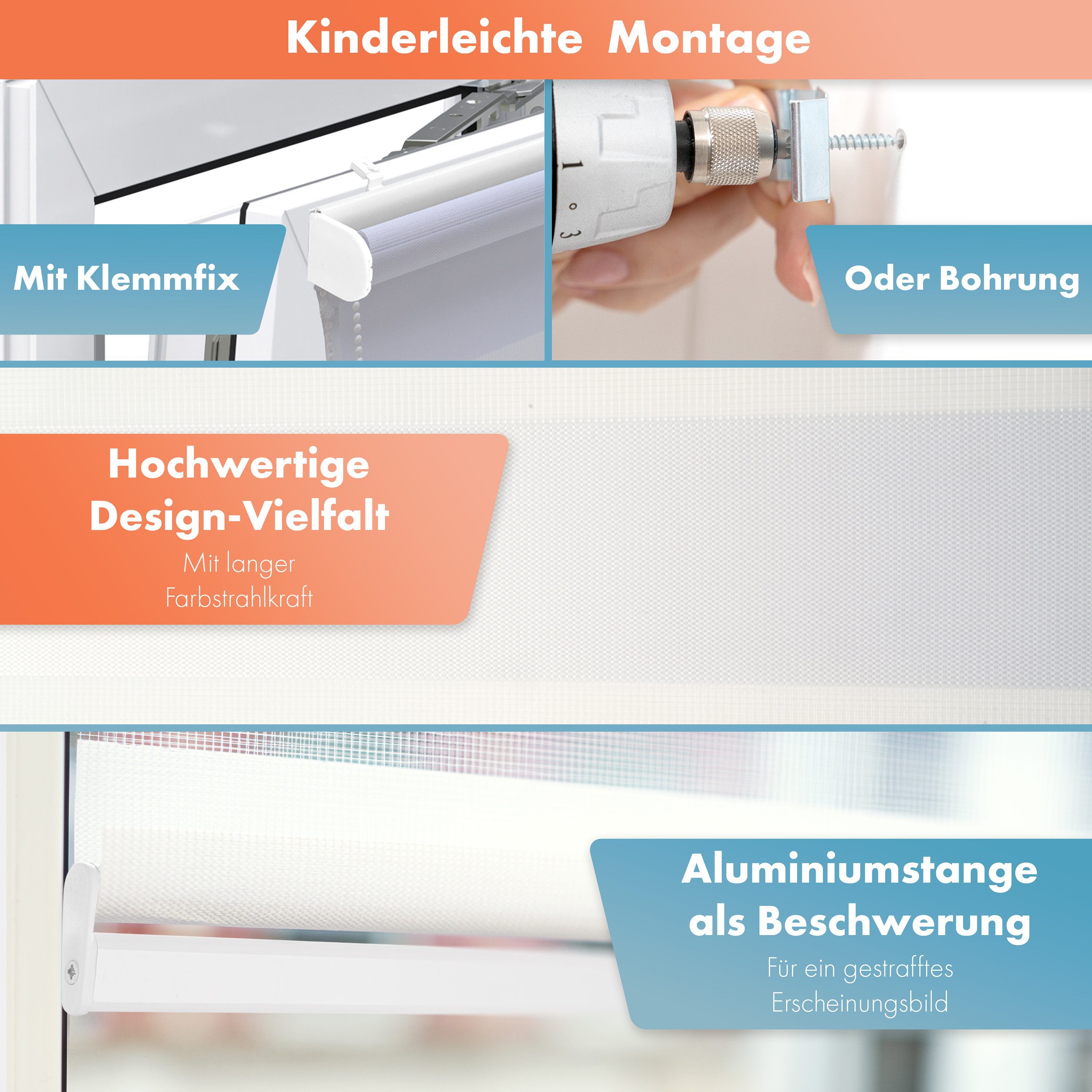 Doppelrollo mit Perlen, Rollos für Fenster ohne Bohren, Weiß, Bailena, Lichtschutz, ohne Bohren, freihängend, Klemmfix, Gardine mit Volant, Seitenzugrollo verdunkelnd