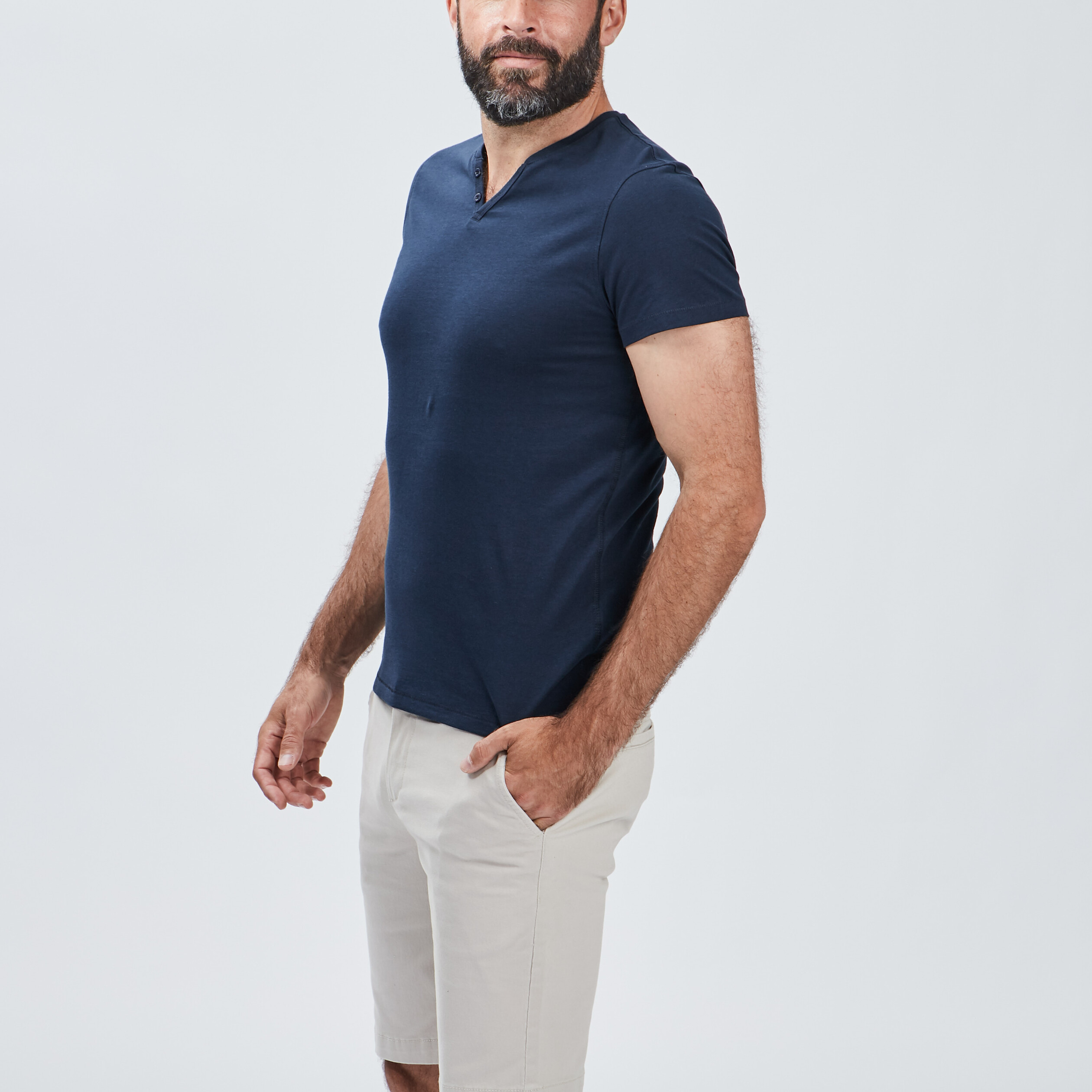 T-shirt manches courtes col tunisien bleu marine homme | La Halle