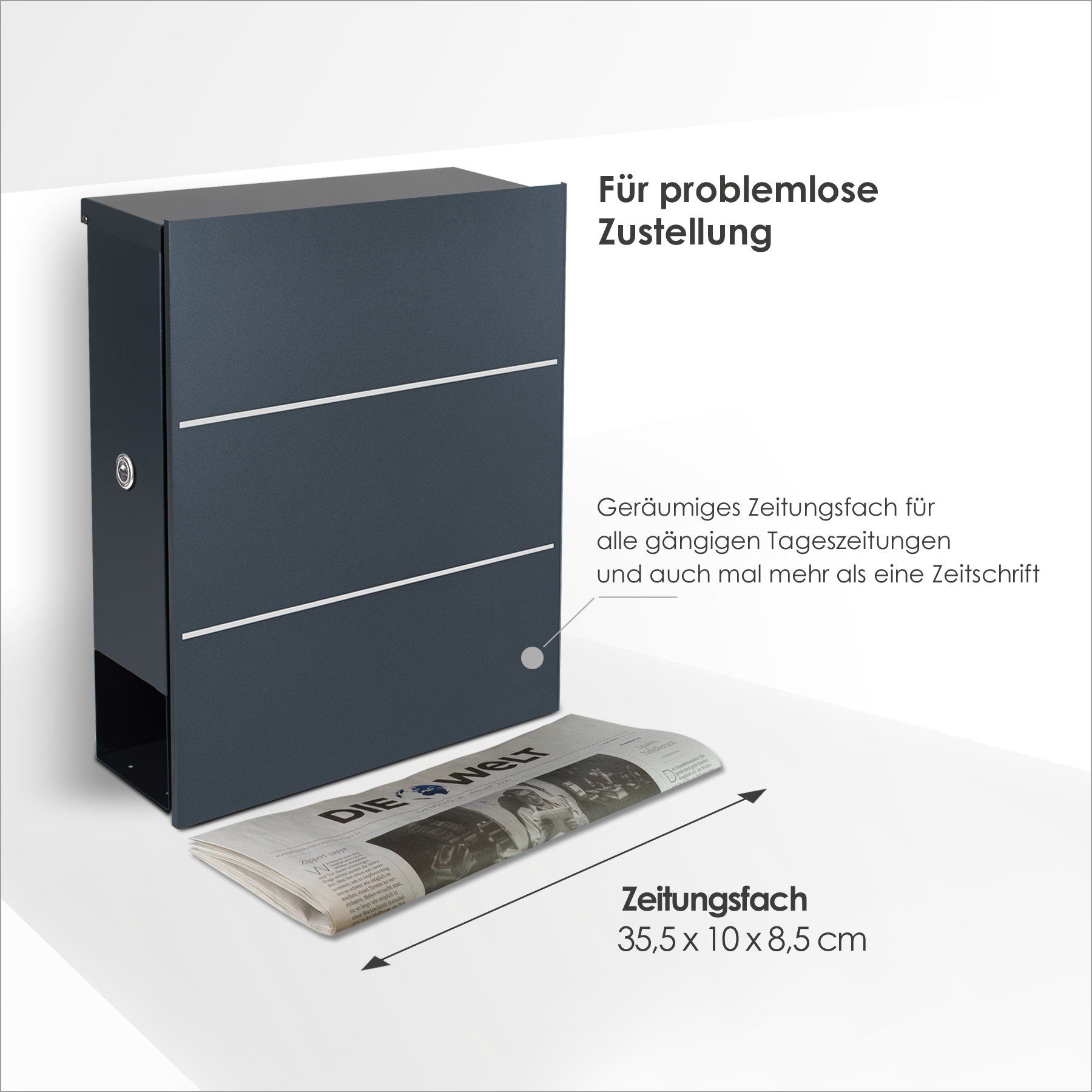 MOCAVI Briefkasten MOCAVI Box 141R Design-Briefkasten mit Zeitungsfach anthrazit-grau (RAL 7016) mit Edelstahl-Detail, integriert, passender Verschluss (zusätzlich bestellbar) für Wetterseite, beidseitig nutzbar: Box Vers 1 7016, Box Vers 1 VA