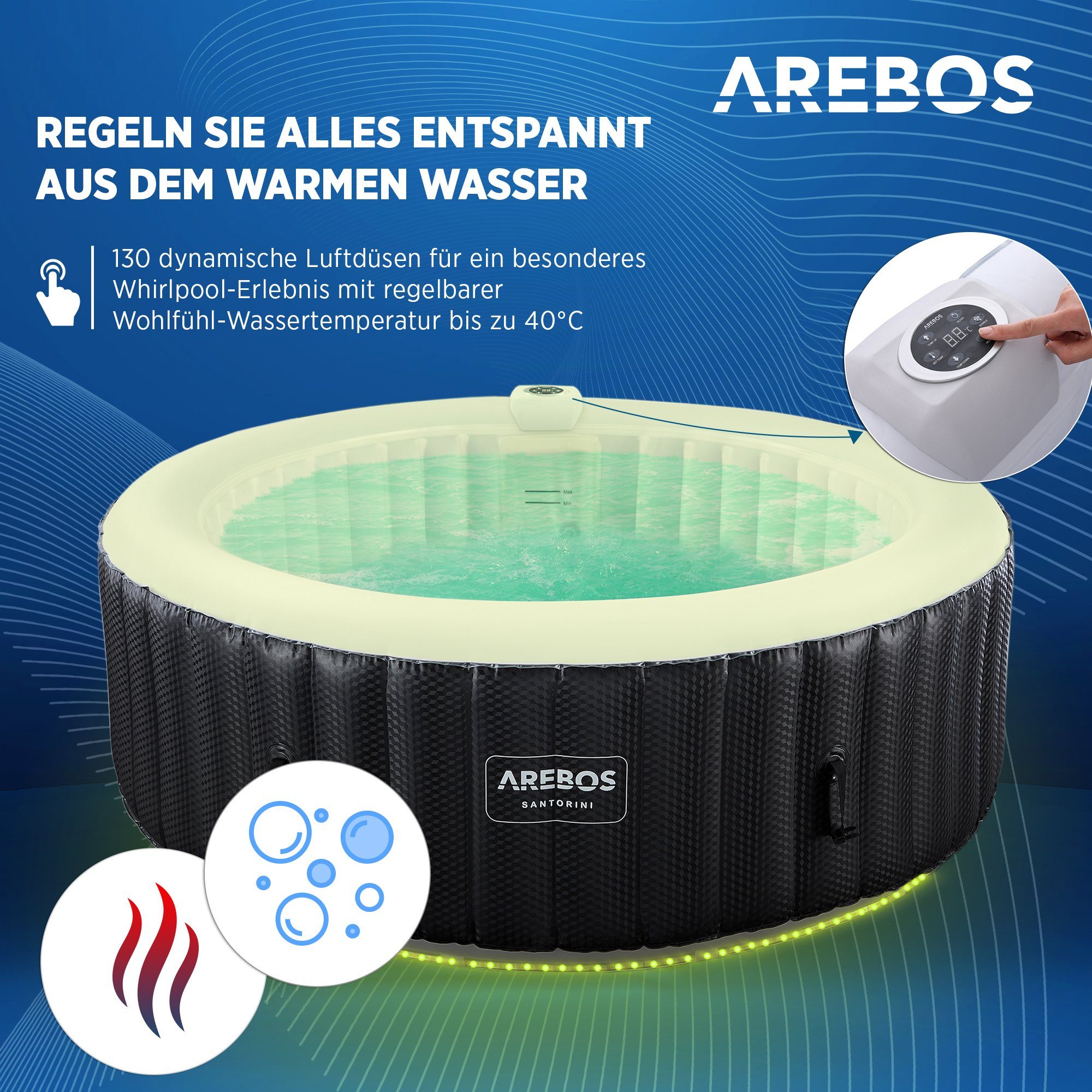 Arebos Whirlpool automatisch aufblasbar, In & Outdoor, 6 Personen, mit LED, (Aufblasbar,komplett mit Zubehör)