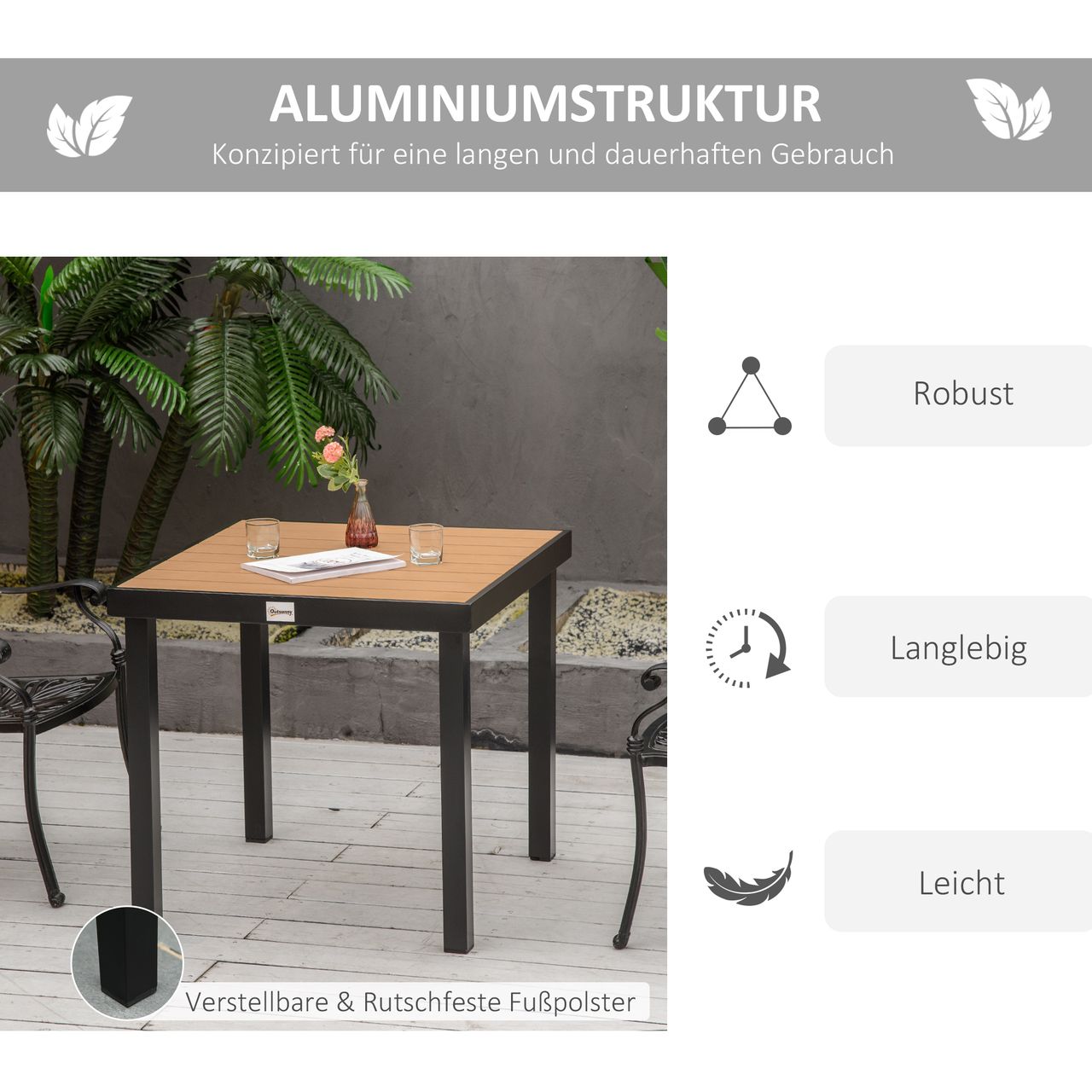 Outsunny Gartentisch für 4 Personen Esstisch Aluminiumtisch Gartenmöbel Loungemöbel pflegeleicht Kunststoff Natur 80 x 80 x 74 cm