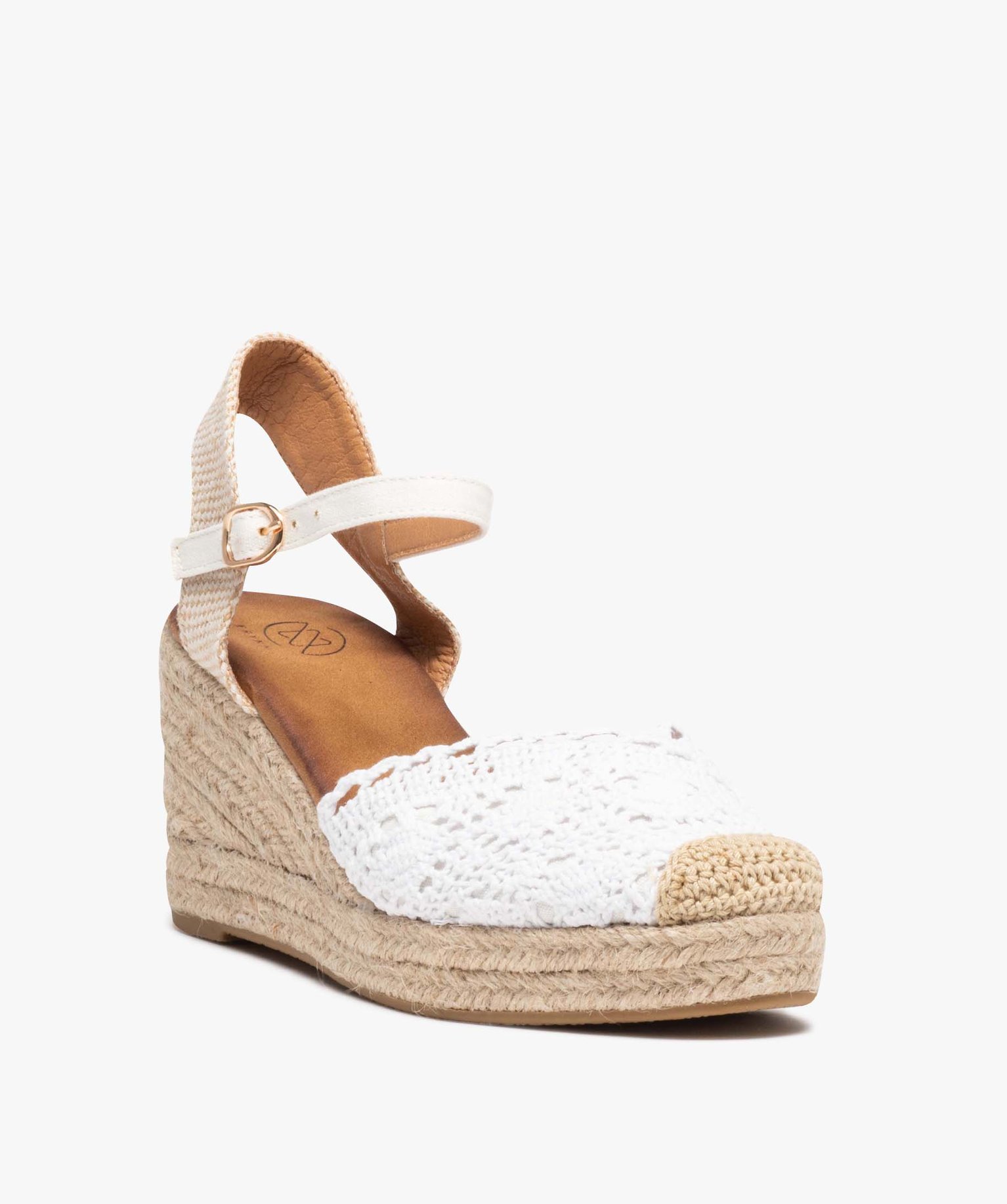 Sandales femme compensées en jute avec dessus brodé blanc | GEMO