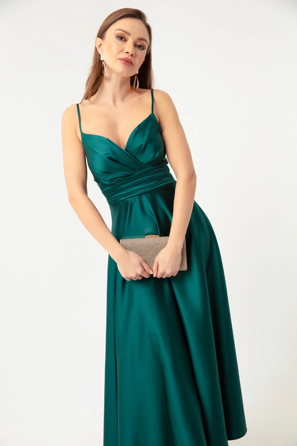 Lafaba  Smaragdgrünes Satin-Midi-Abendkleid und Abschlusskleid mit Taillengürtel und Seilriemen für Damen